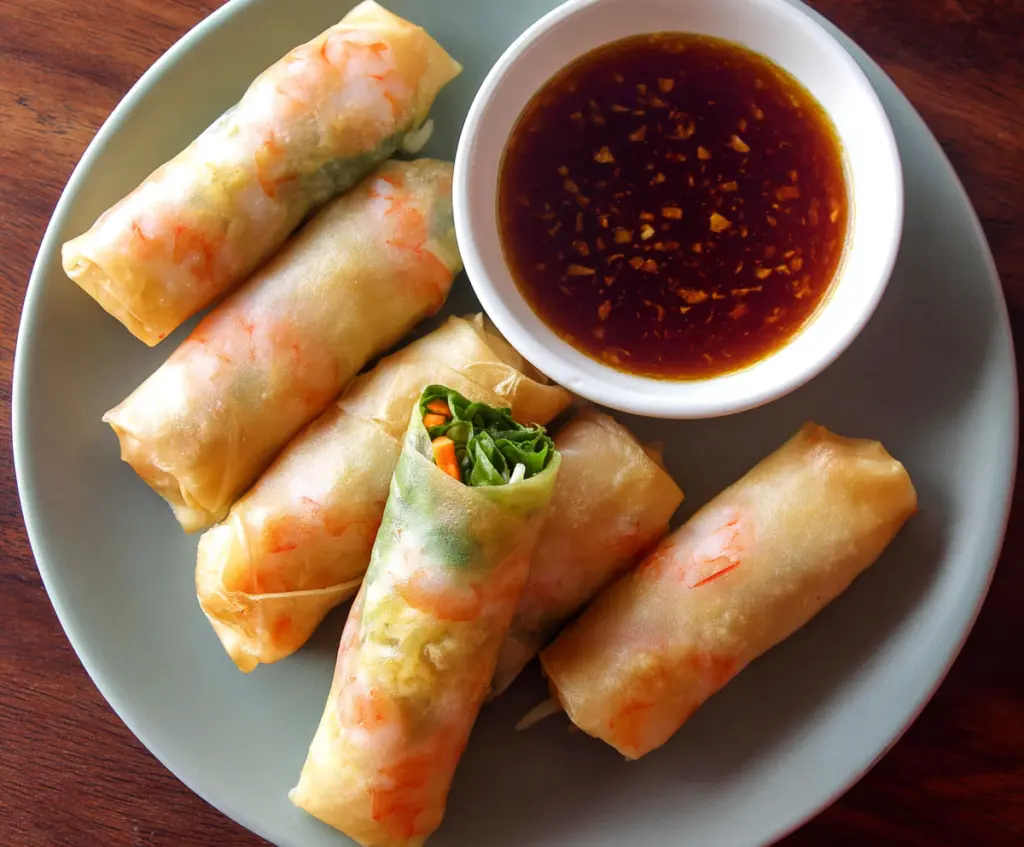 Delicious shrimp and pork spring rolls served with fresh herbs and dipping sauce.
