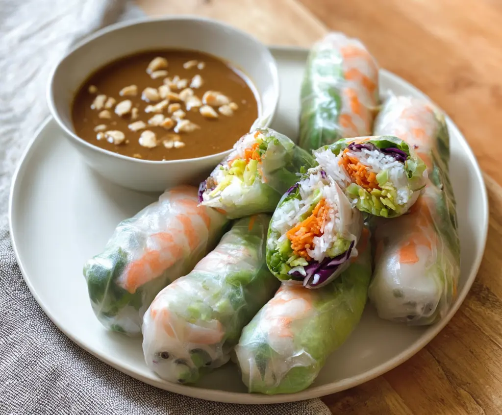Fresh spring rolls filled with vegetables and served with creamy peanut sauce, perfect for a healthy snack or light meal.