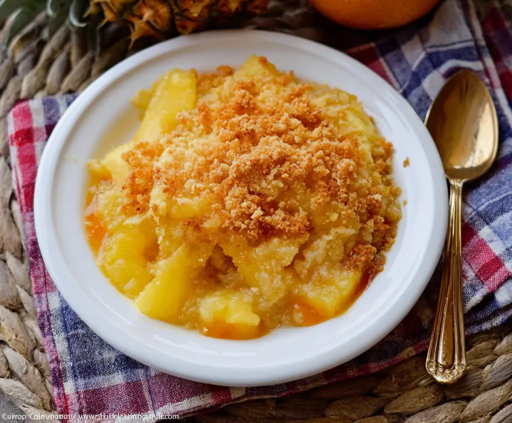 Delicious sweet and sour pineapple casserole topped with golden breadcrumbs and fresh pineapple chunks.