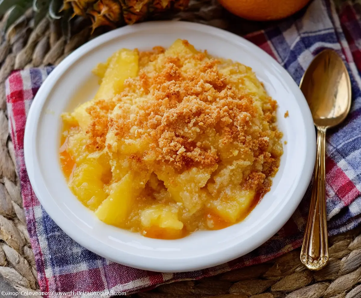 Delicious sweet and sour pineapple casserole topped with golden breadcrumbs and fresh pineapple chunks.