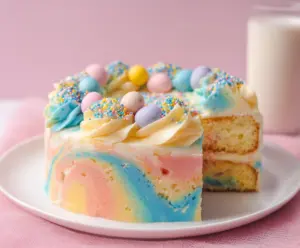 Delicious Swirled Easter Cake with colorful frosting and festive decoration.