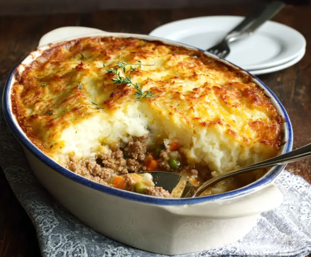 Delicious Turkey Shepherd's Pie topped with mashed potatoes and fresh herbs.