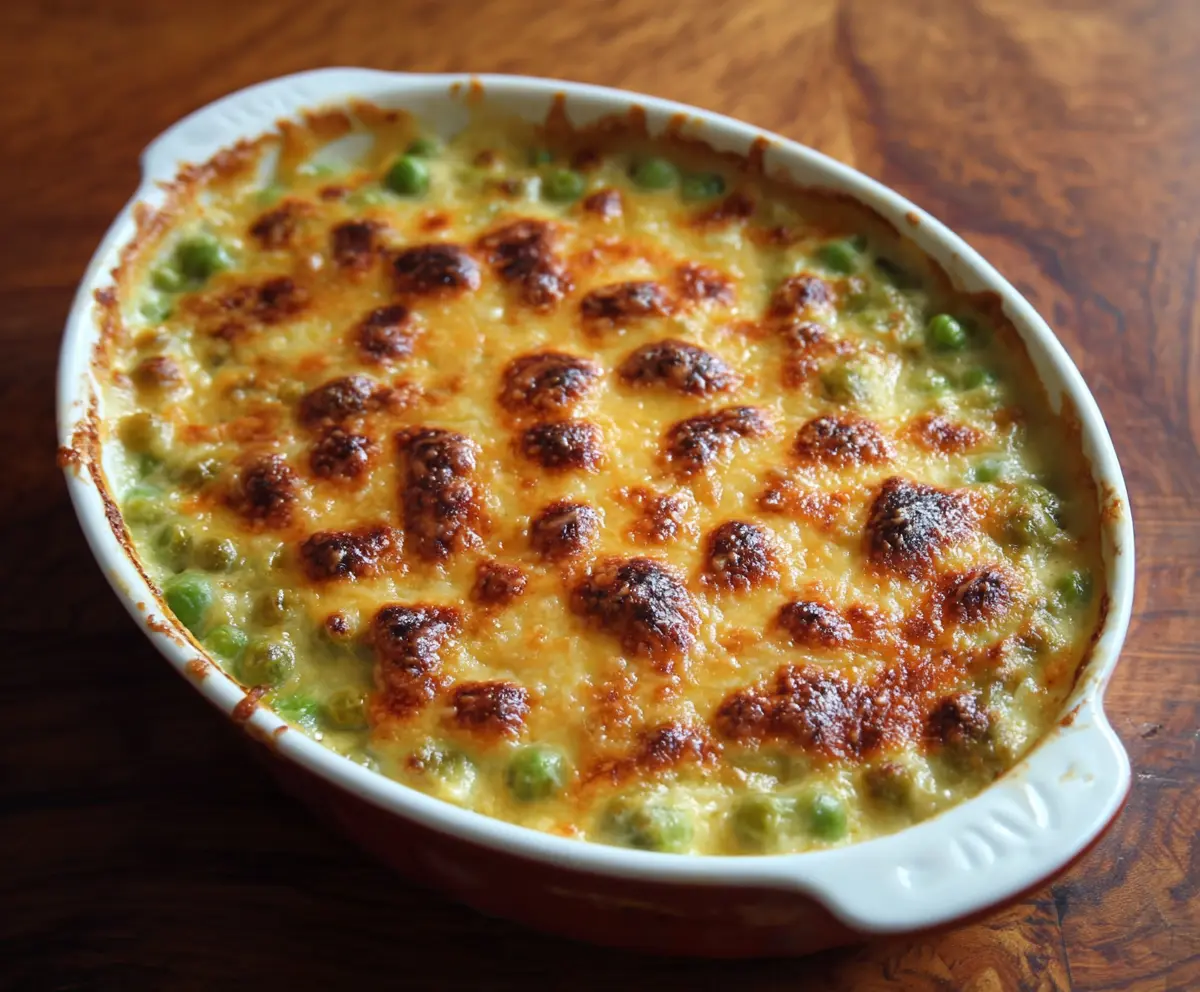 Delicious Au Gratin Creamed Peas in a baking dish topped with golden cheese.