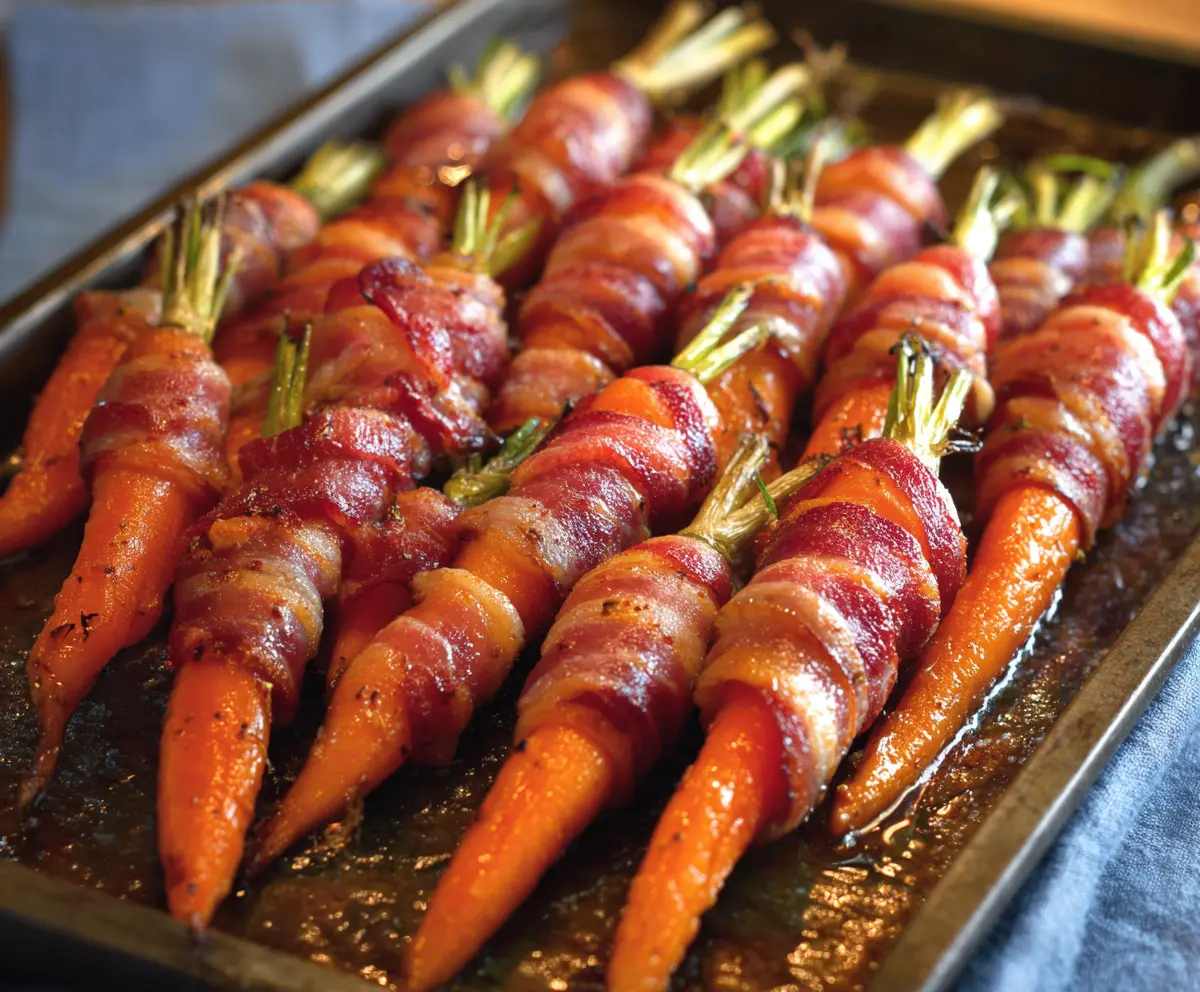 Delicious bacon-wrapped carrots on a plate, garnished with herbs, perfect for appetizer or side dish.