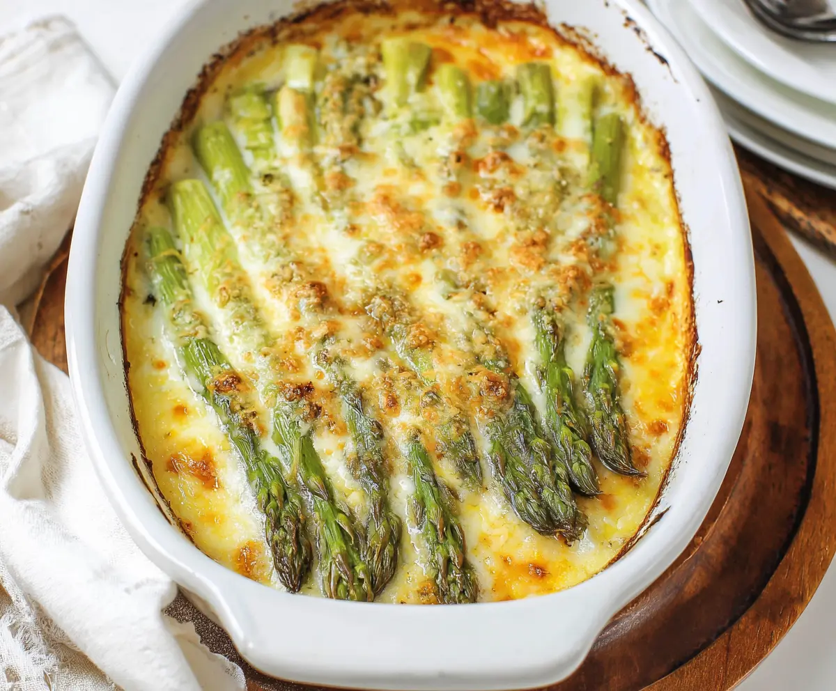 Delicious cheesy asparagus bake garnished with melted cheese and fresh herbs.