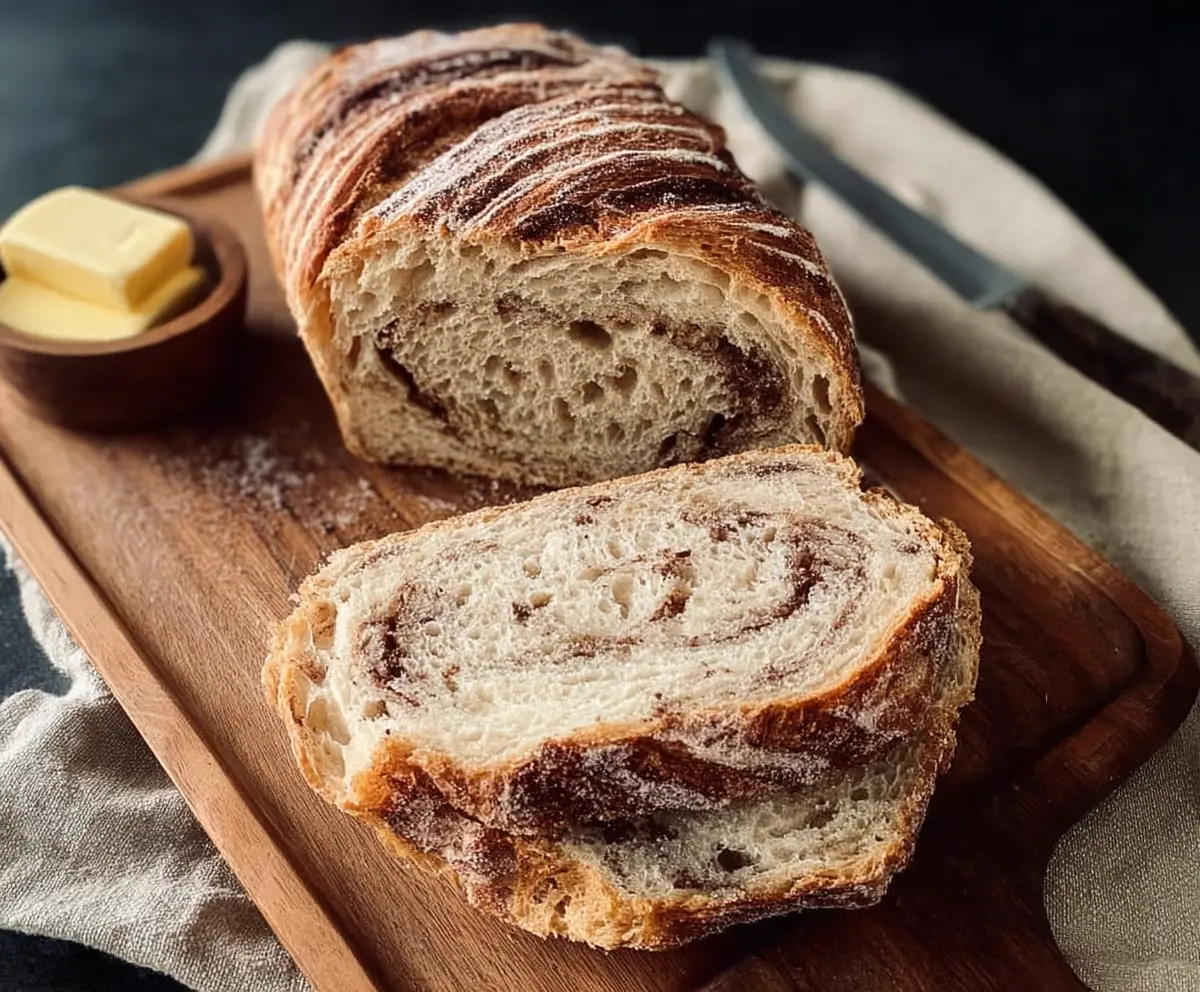 Homemade cinnamon sugar swirl sourdough bread with a golden crust and a sweet cinnamon filling.