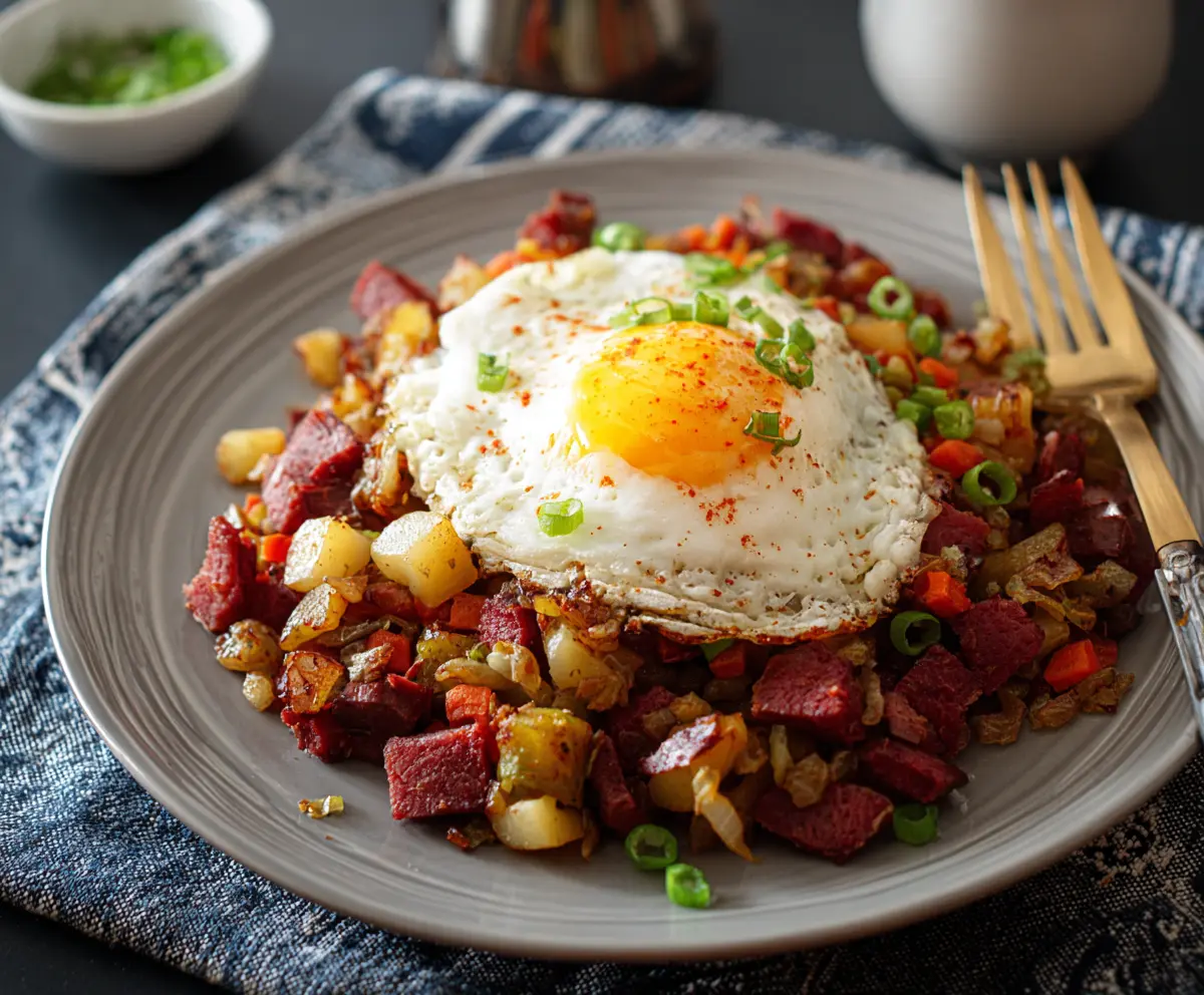 Golden crispy corned beef hash served with eggs and fresh herbs.