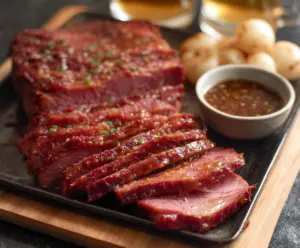 Delicious Corned Beef with Beer Glaze served with fresh vegetables