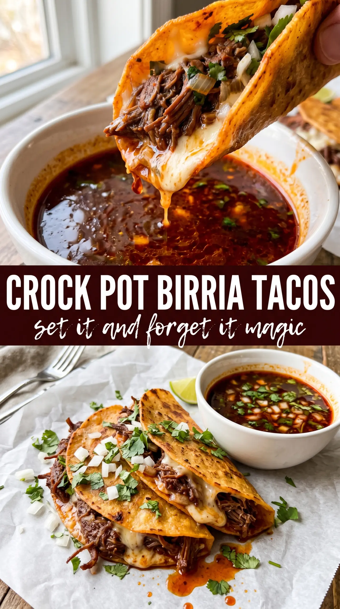 Crock Pot Birria Tacos, tender beef, crispy tortillas