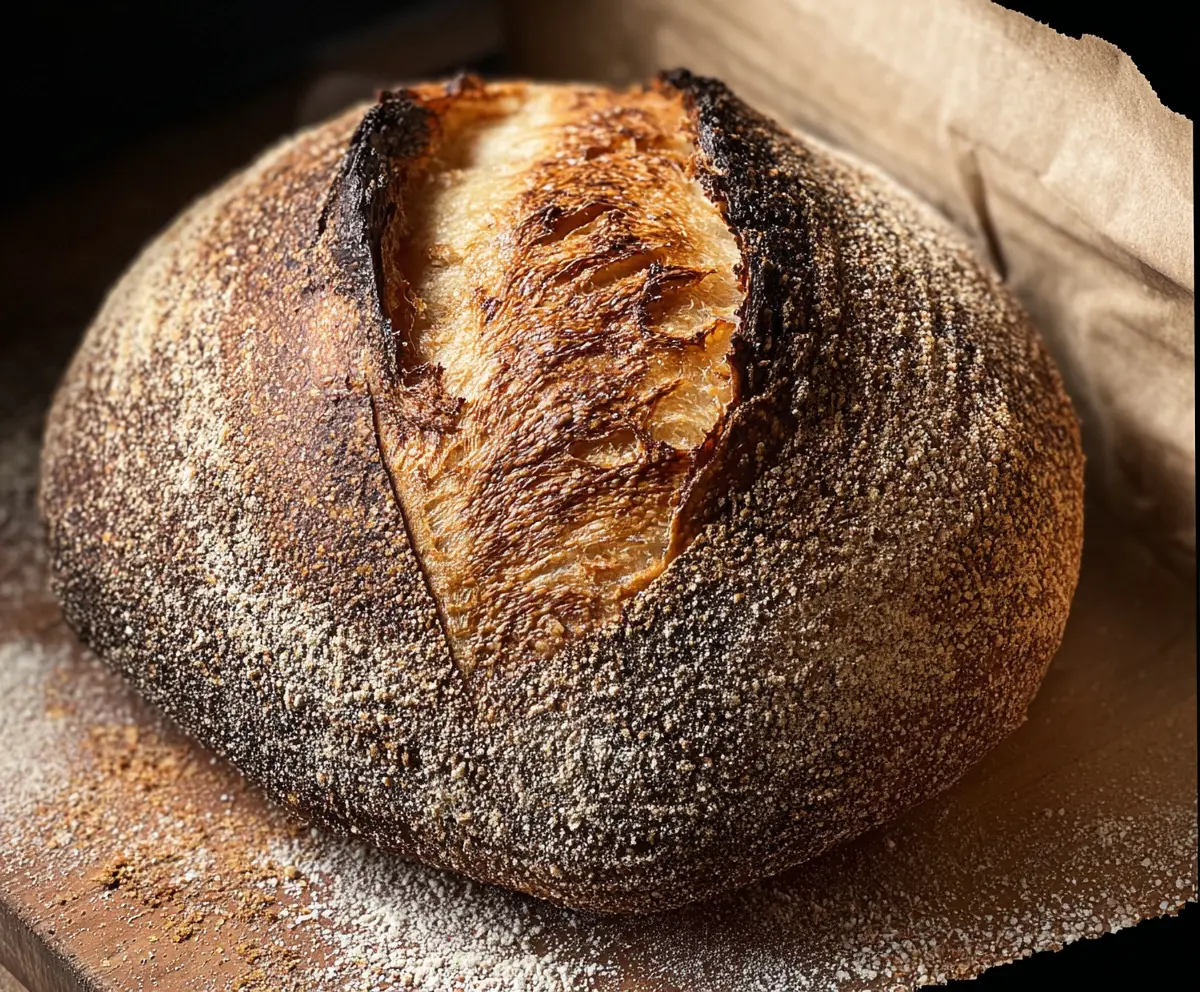 Slice of crusty sourdough bread beside a steaming cup of coffee on a rustic table.