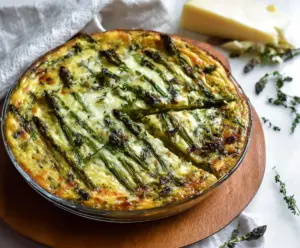 Delicious crustless asparagus quiche garnished with fresh herbs on a rustic plate.