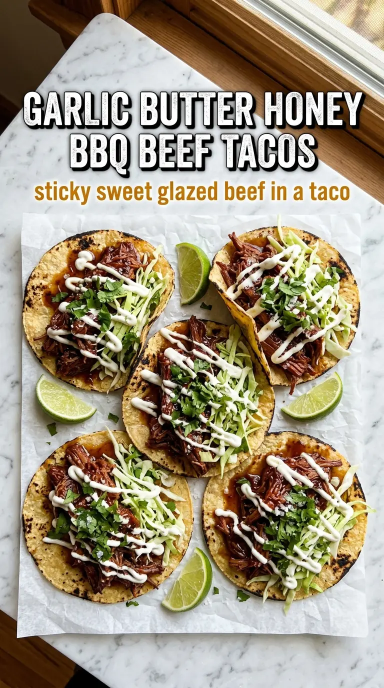 Garlic Butter Honey BBQ Beef Tacos caramelized glossy beef