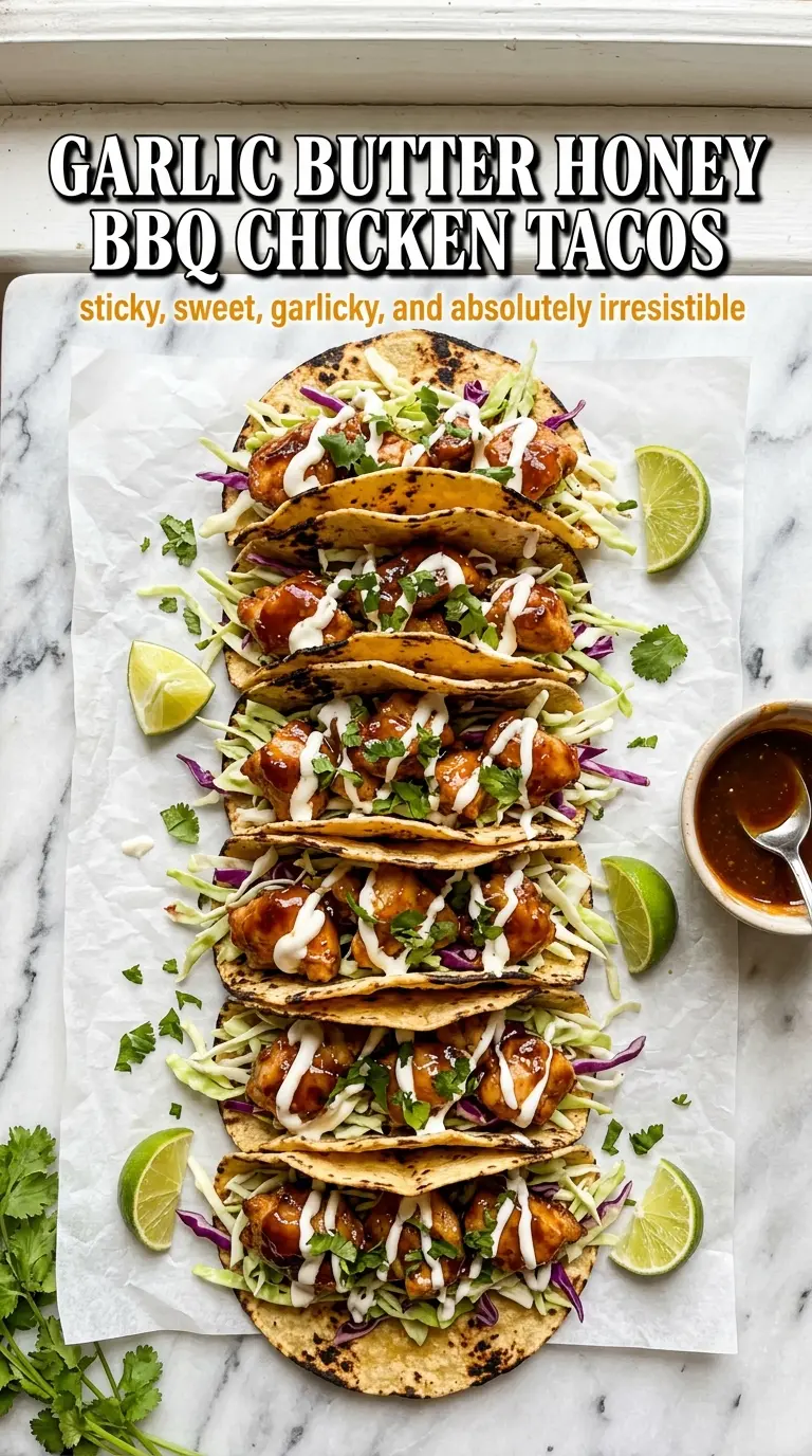 Garlic Butter Honey BBQ Chicken Tacos glossy glazed chicken