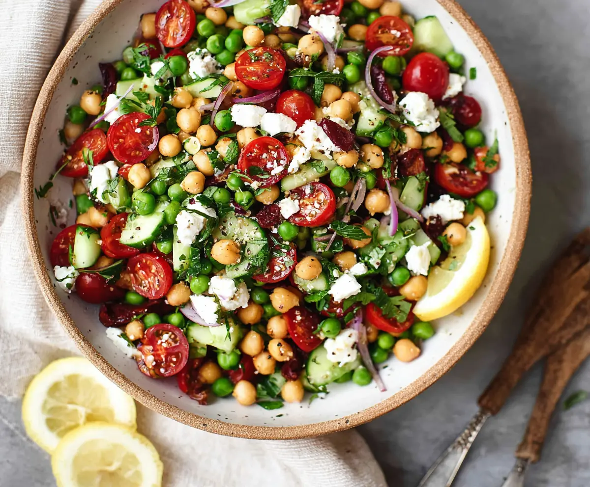 Fresh Mediterranean Pea Salad with cherry tomatoes and feta cheese in a bowl