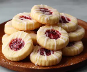 Delicious raspberry shortbread cookies with fresh raspberry toppings on a rustic wooden table.