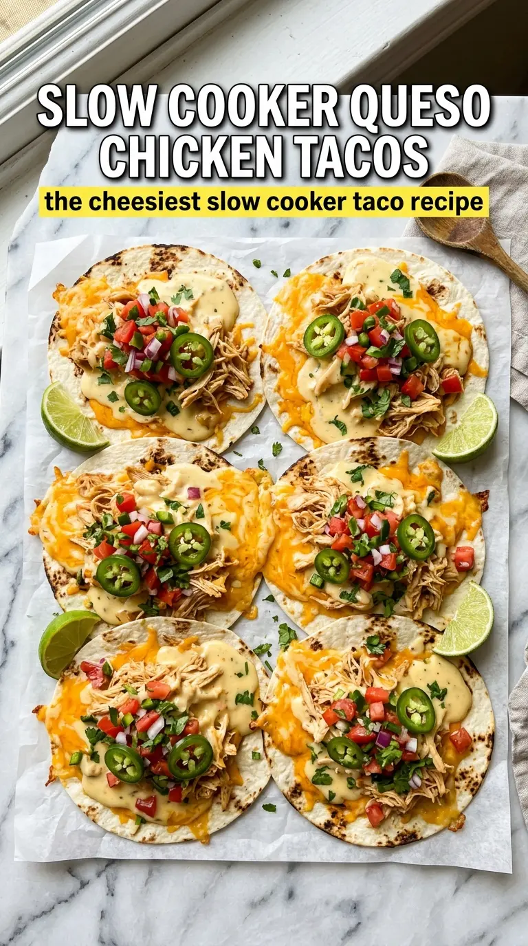Slow Cooker Queso Chicken Tacos creamy shredded chicken