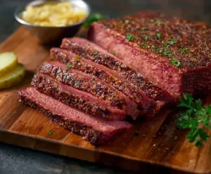 Delicious smoked corned beef served with herbs and vegetables