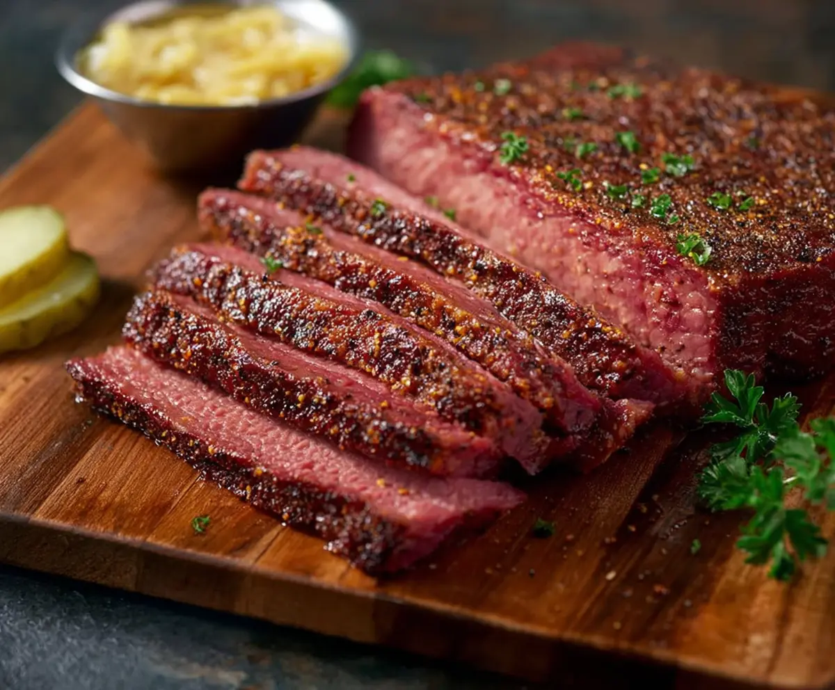 Delicious smoked corned beef served with herbs and vegetables