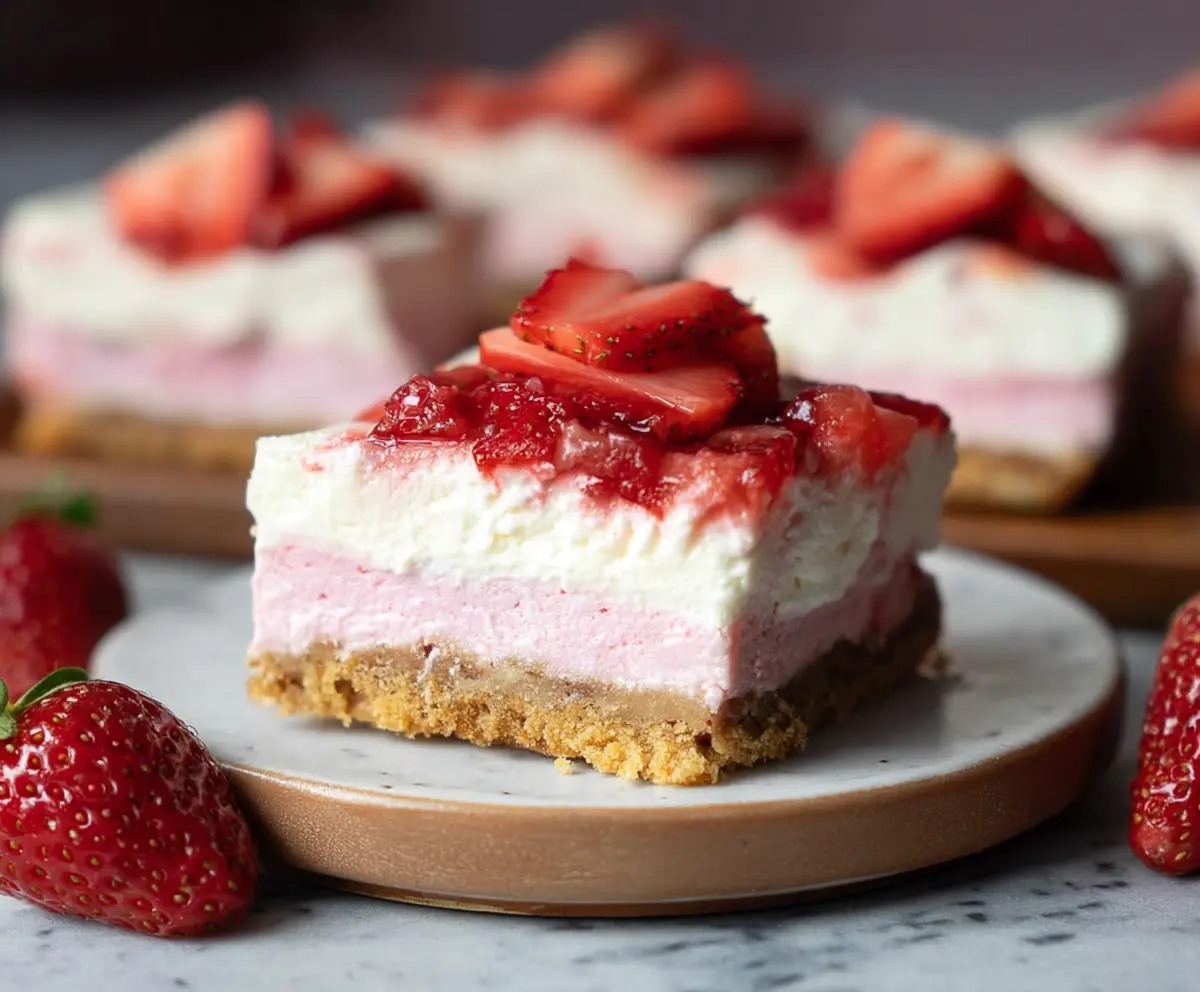Delicious strawberry cheesecake bars with creamy filling and fresh strawberries on top.