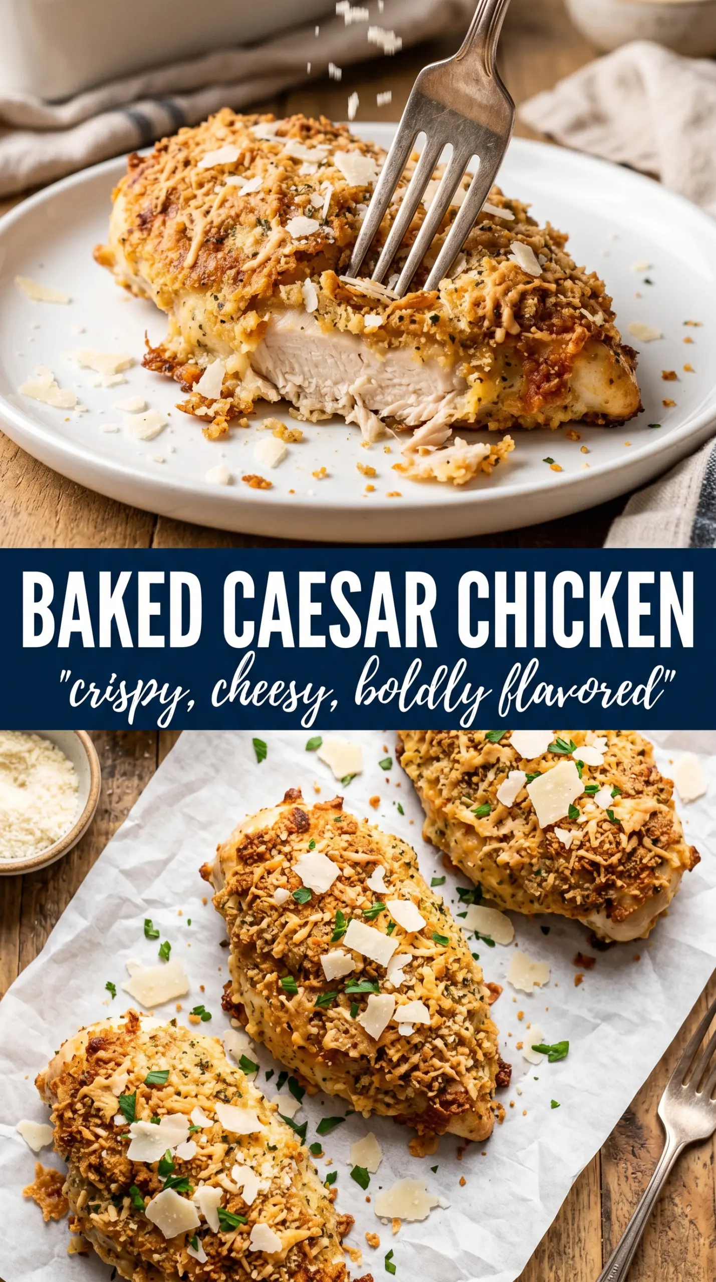 Baked Caesar Chicken golden Parmesan crust