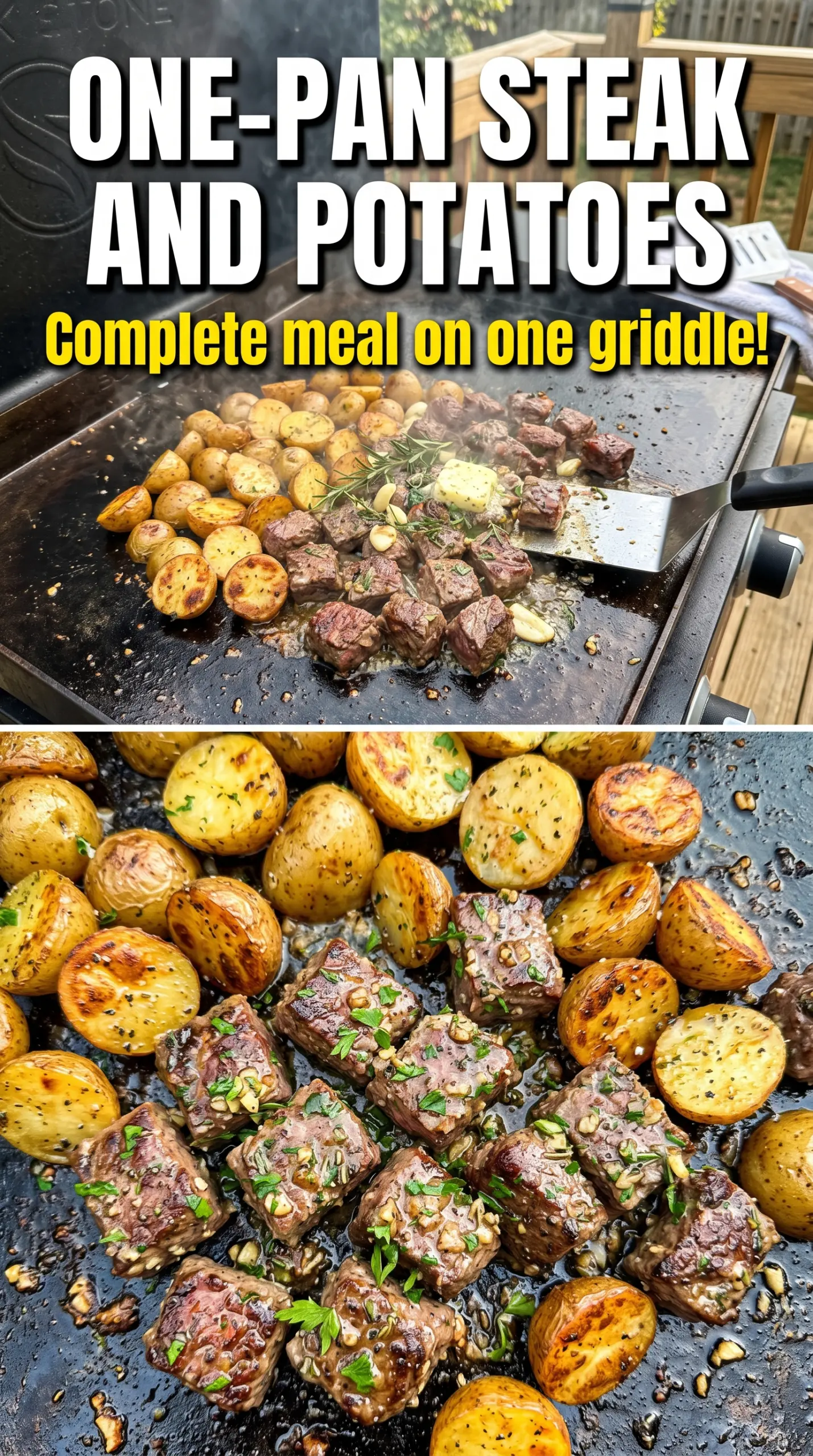 Blackstone Garlic Steak Bites and Potatoes garlic butter steak bites potatoes