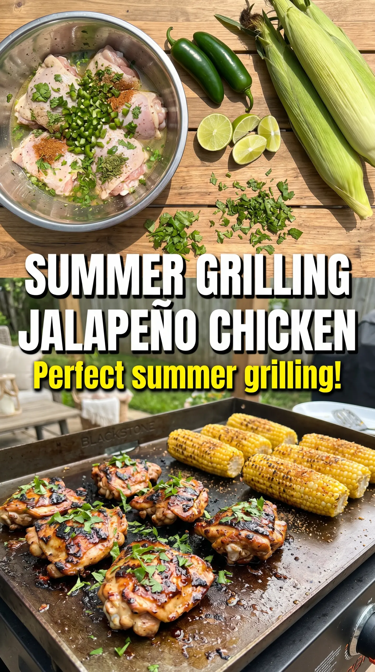Blackstone Jalapeno Lime Chicken and Corn with charred jalapeños, grilled corn, and lime