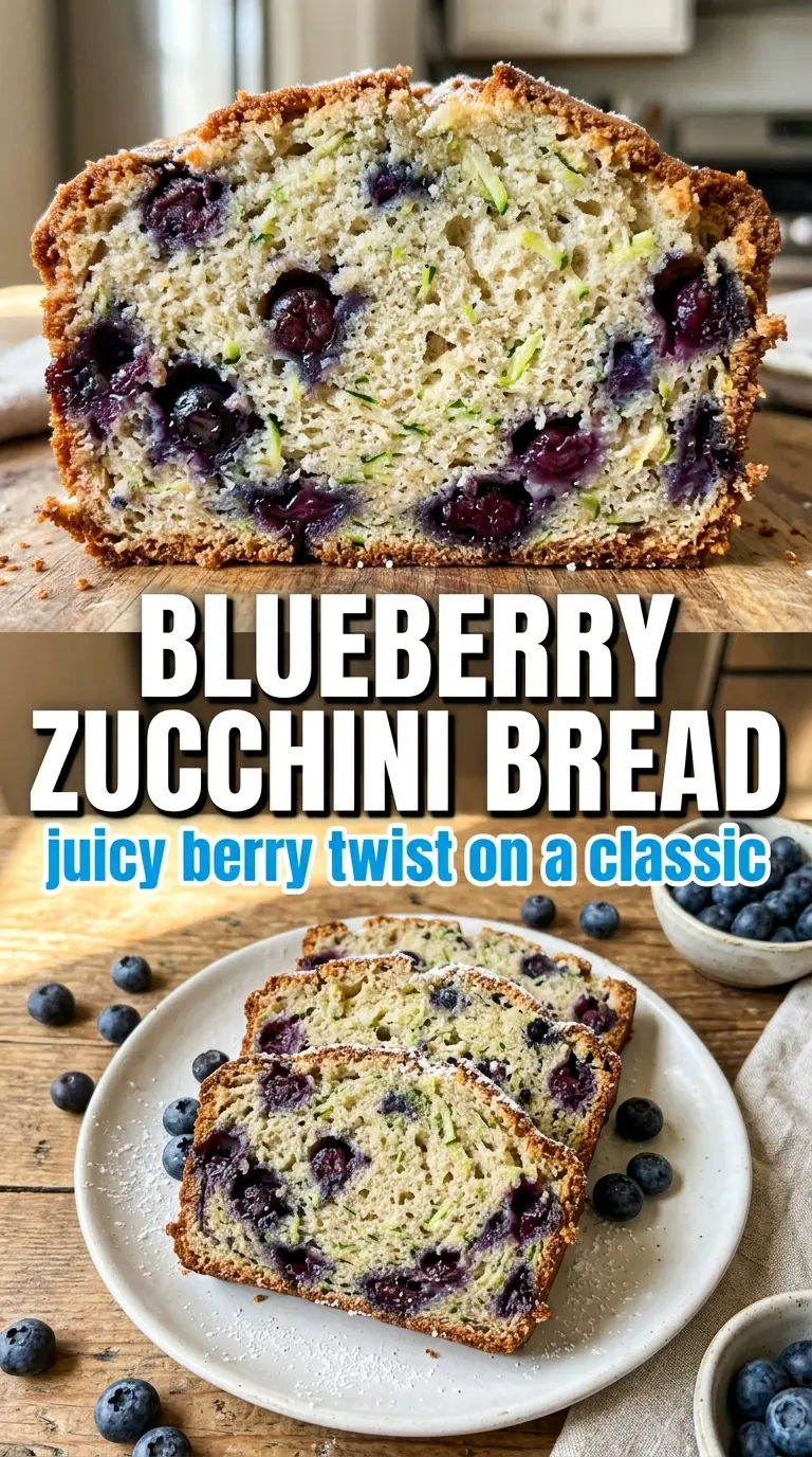 Blueberry zucchini bread tender crumb, burst berries, golden loaf