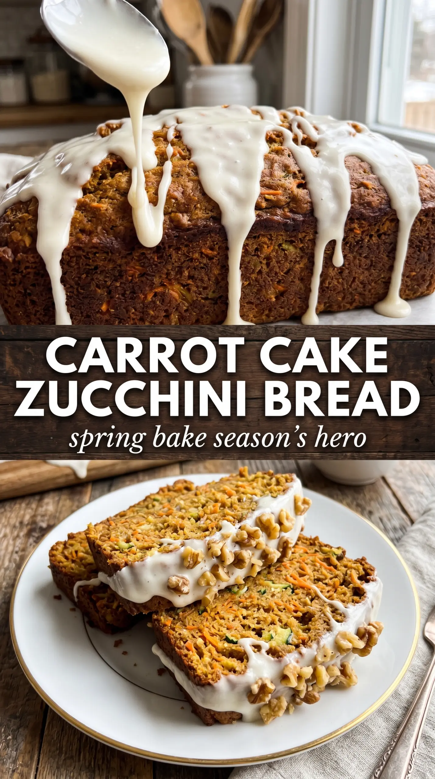 Carrot Cake Zucchini Bread with cream cheese frosting, spiced loaf, carrot specks