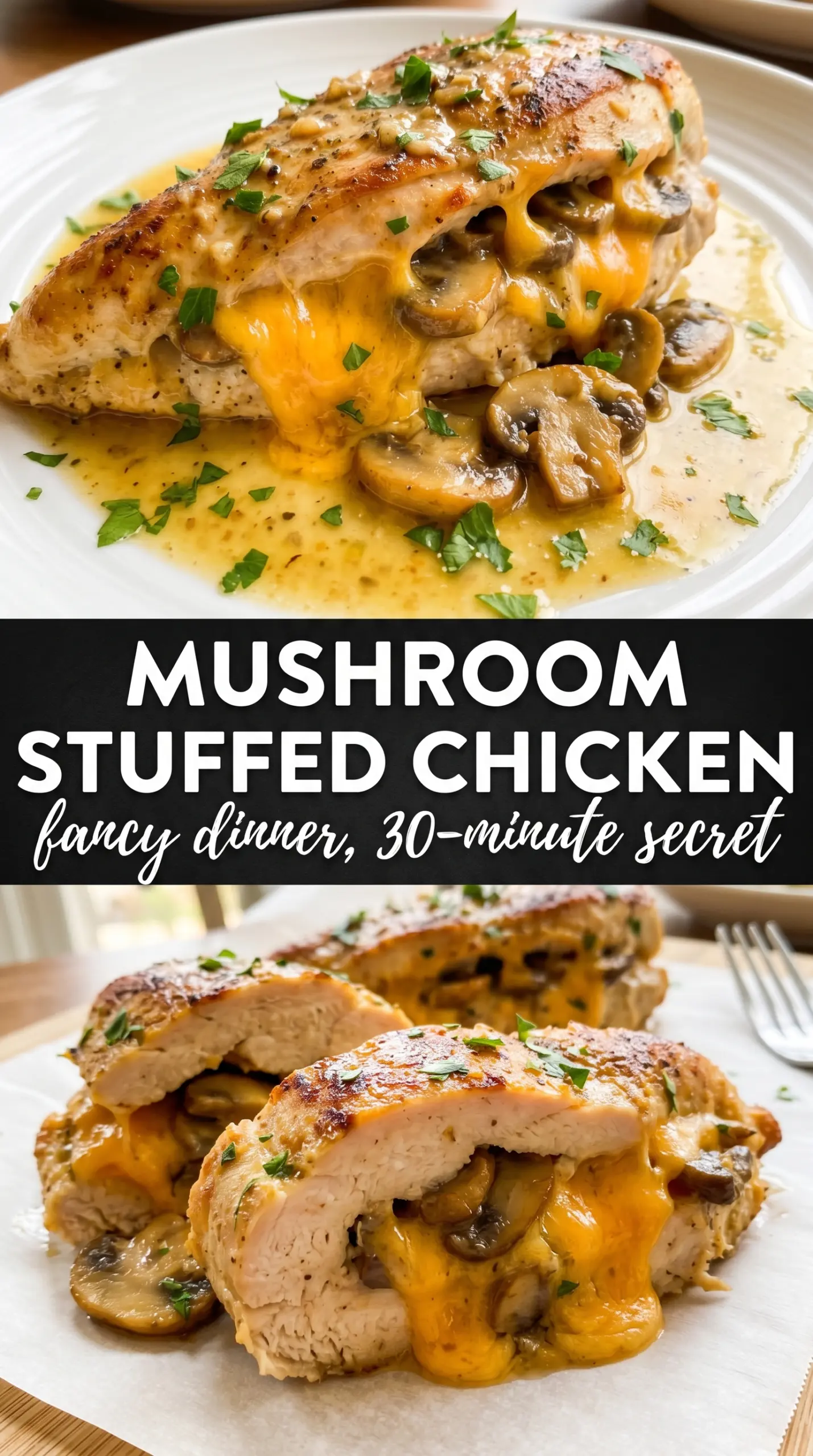 Cheesy Garlic Butter Mushroom Stuffed Chicken mushroomy cheesy garlicky
