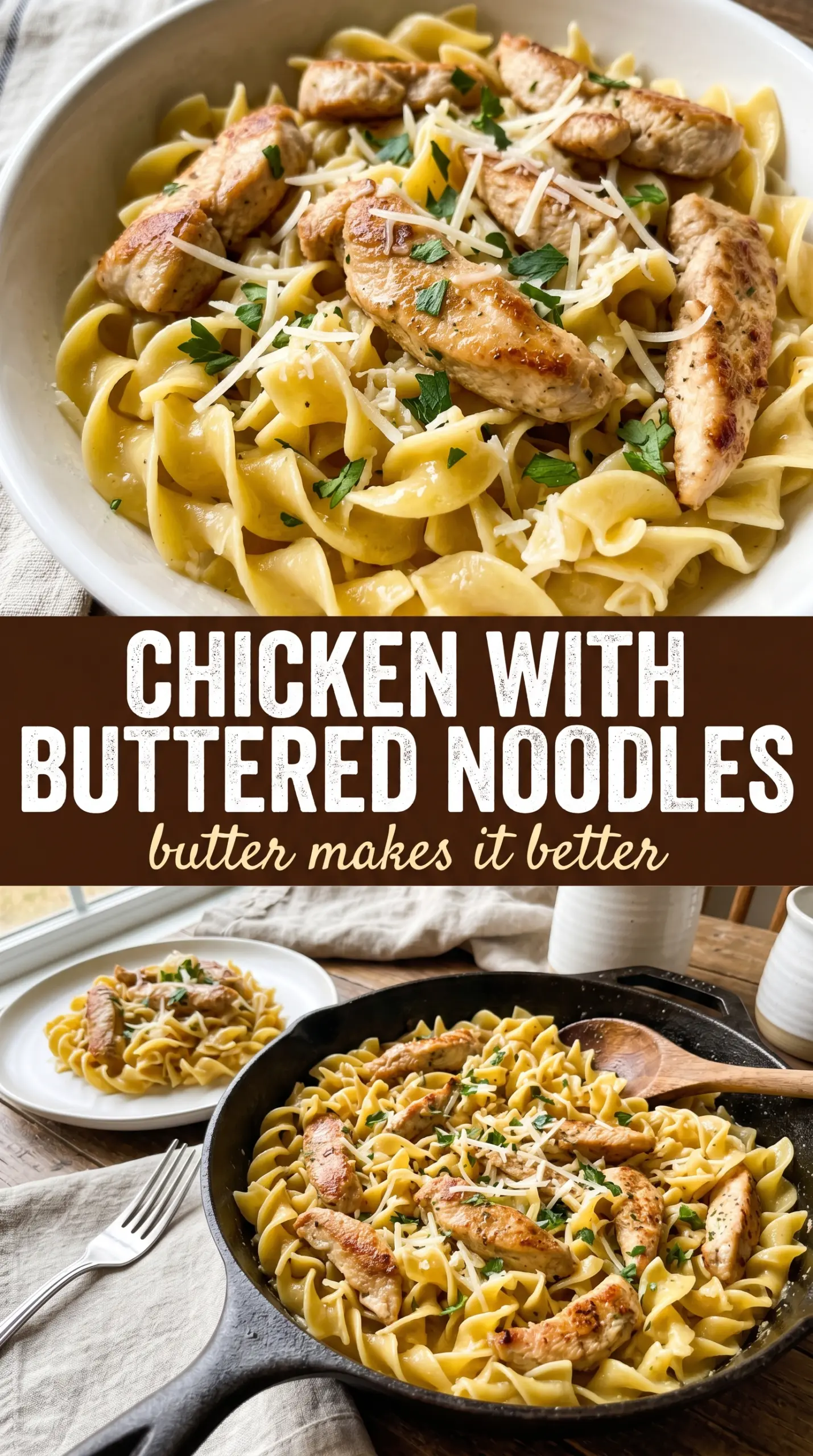 Chicken with Buttered Noodles, buttery noodles, golden chicken