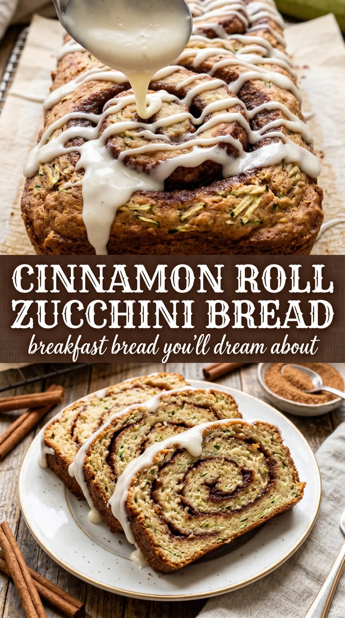 Cinnamon Roll Zucchini Bread with cinnamon swirl and cream cheese drizzle