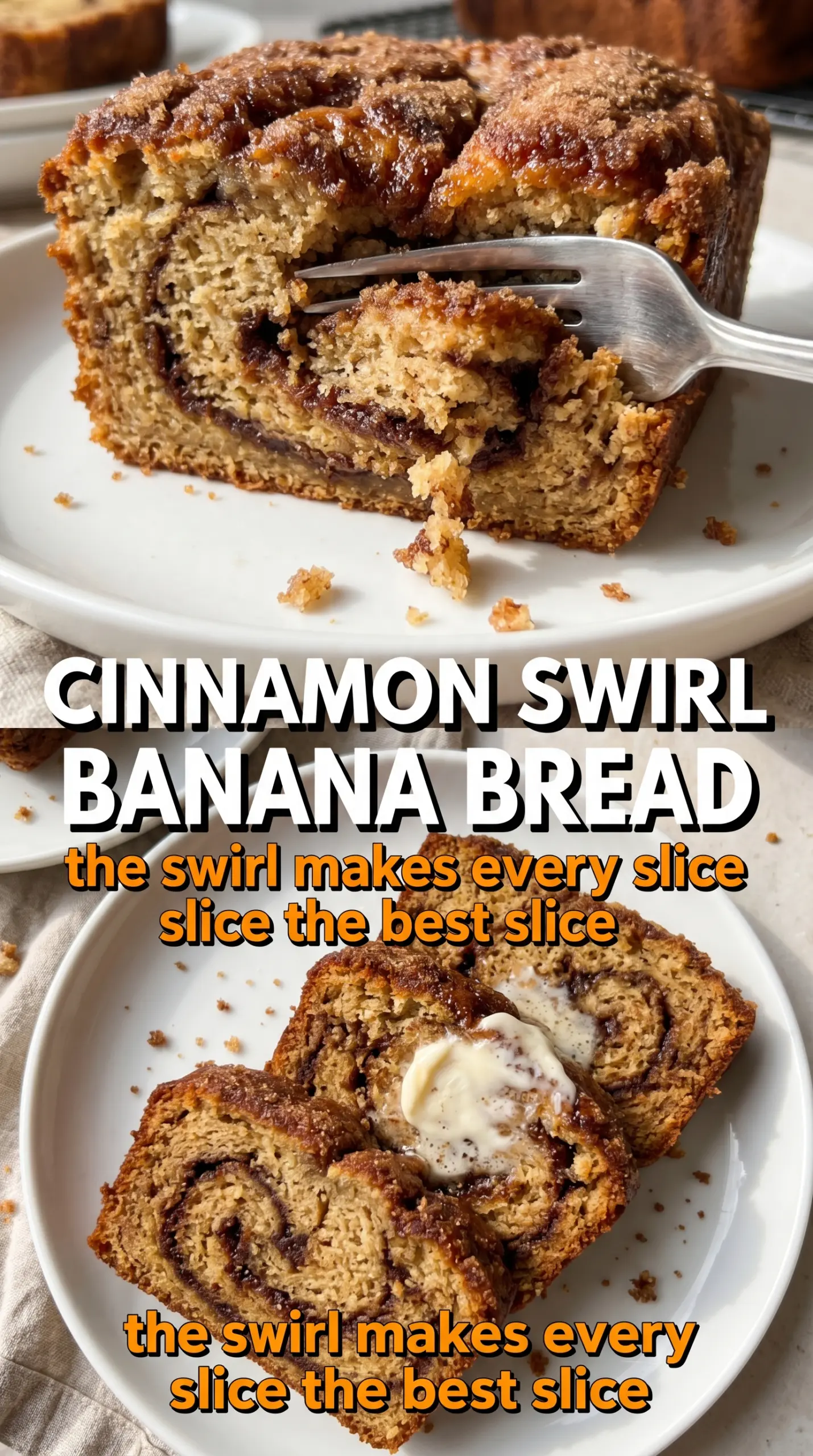 Cinnamon swirl banana bread, dramatic cinnamon ribbon, golden crumb