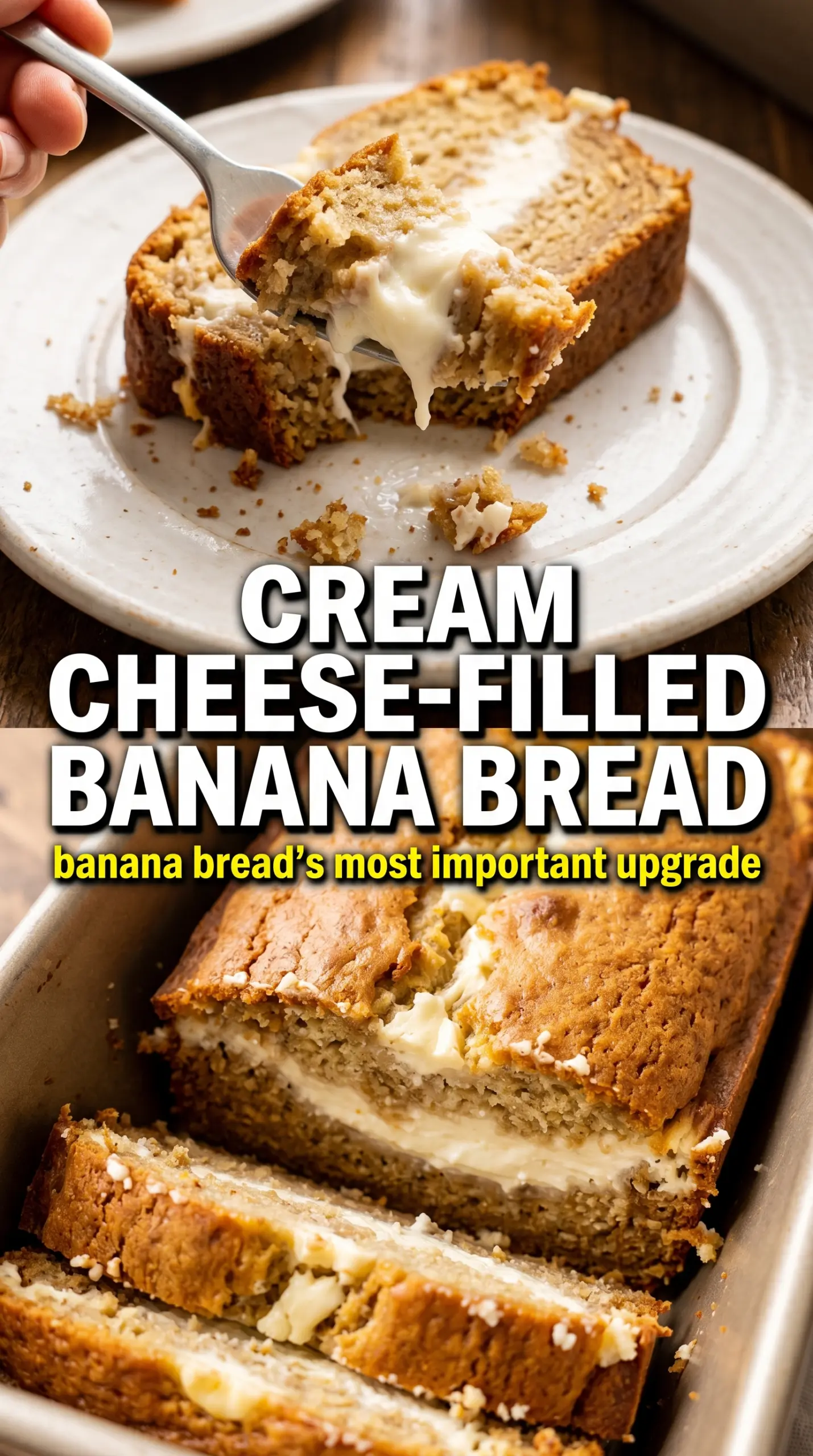 Cream Cheese-Filled Banana Bread creamy center, golden crumb, bakery loaf