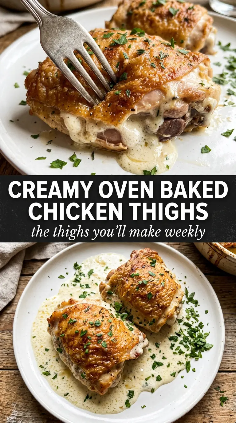 Creamy Oven Baked Chicken Thighs garlicky golden crispy