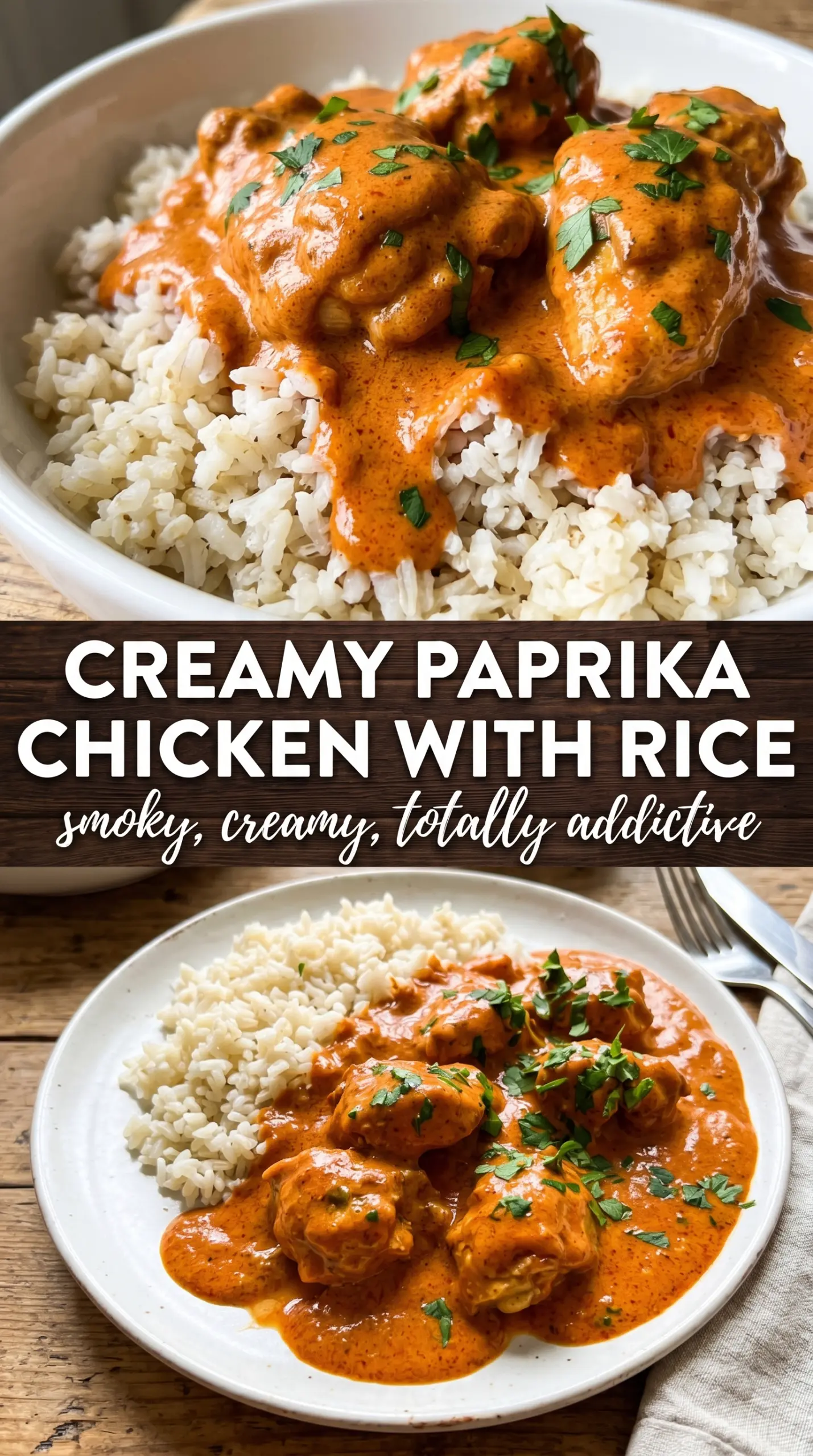 Creamy Paprika Chicken with Rice, rich sauce, fluffy rice