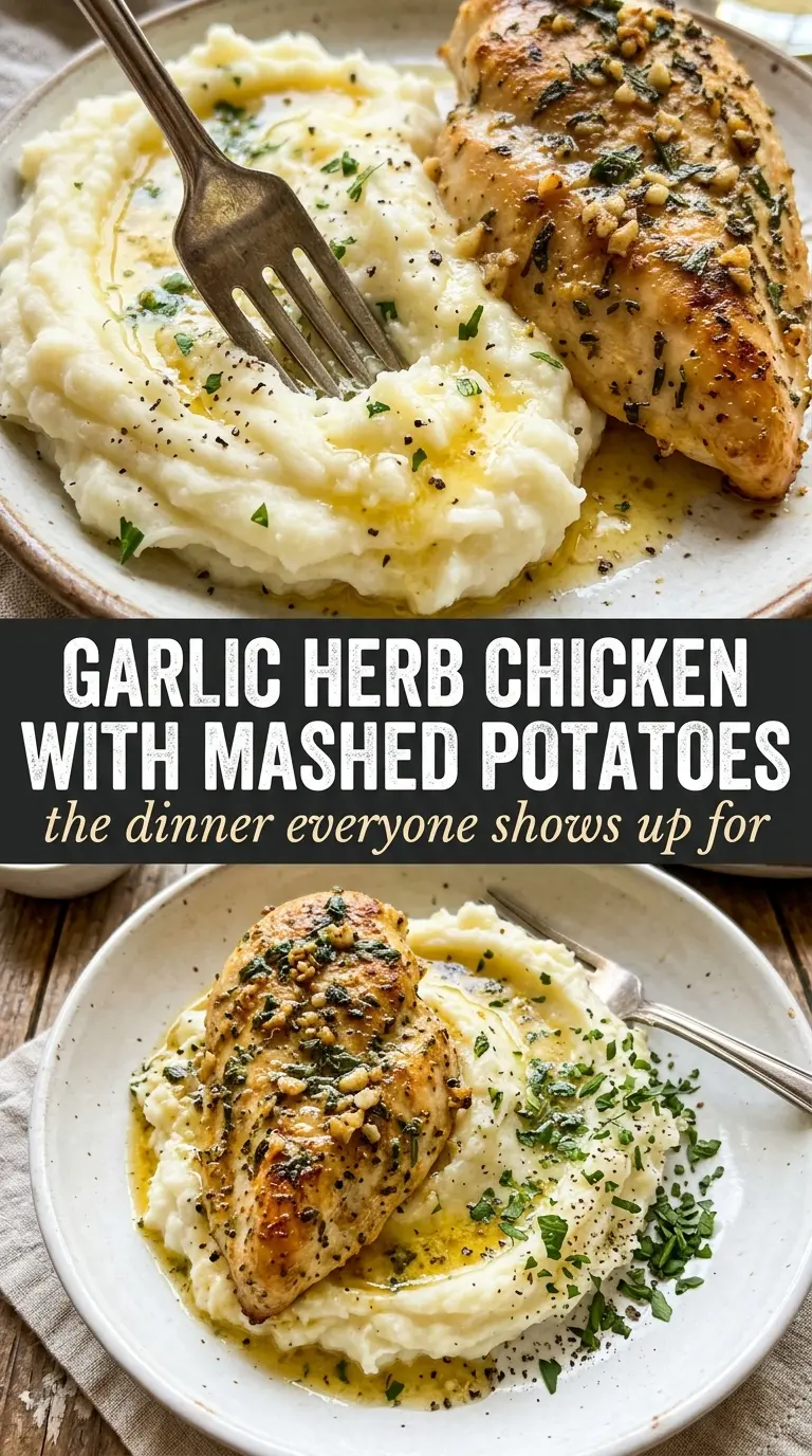 Garlic herb chicken breast with mashed potatoes, savory, creamy, golden