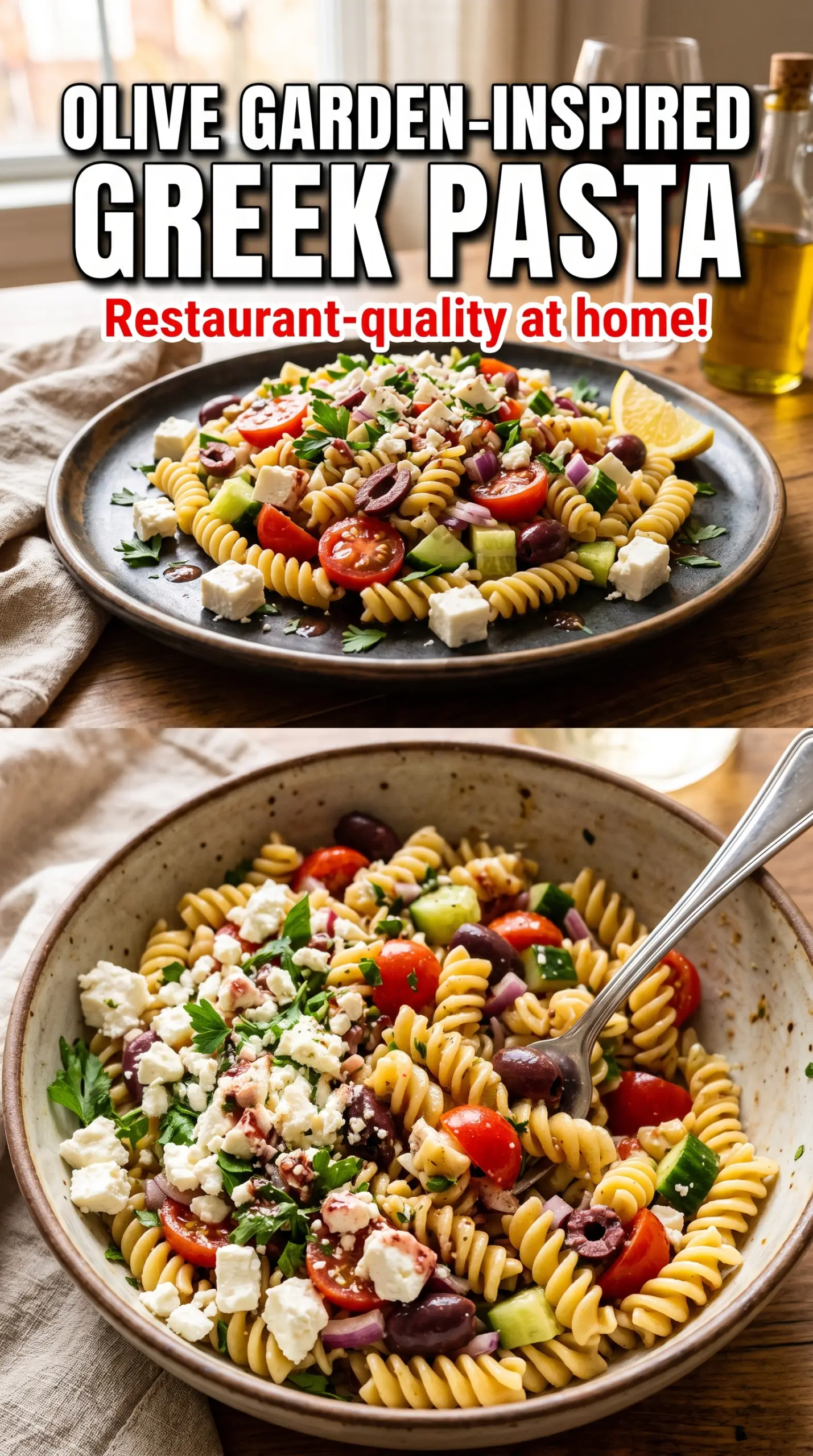 Greek pasta salad with feta, cucumber, tomato