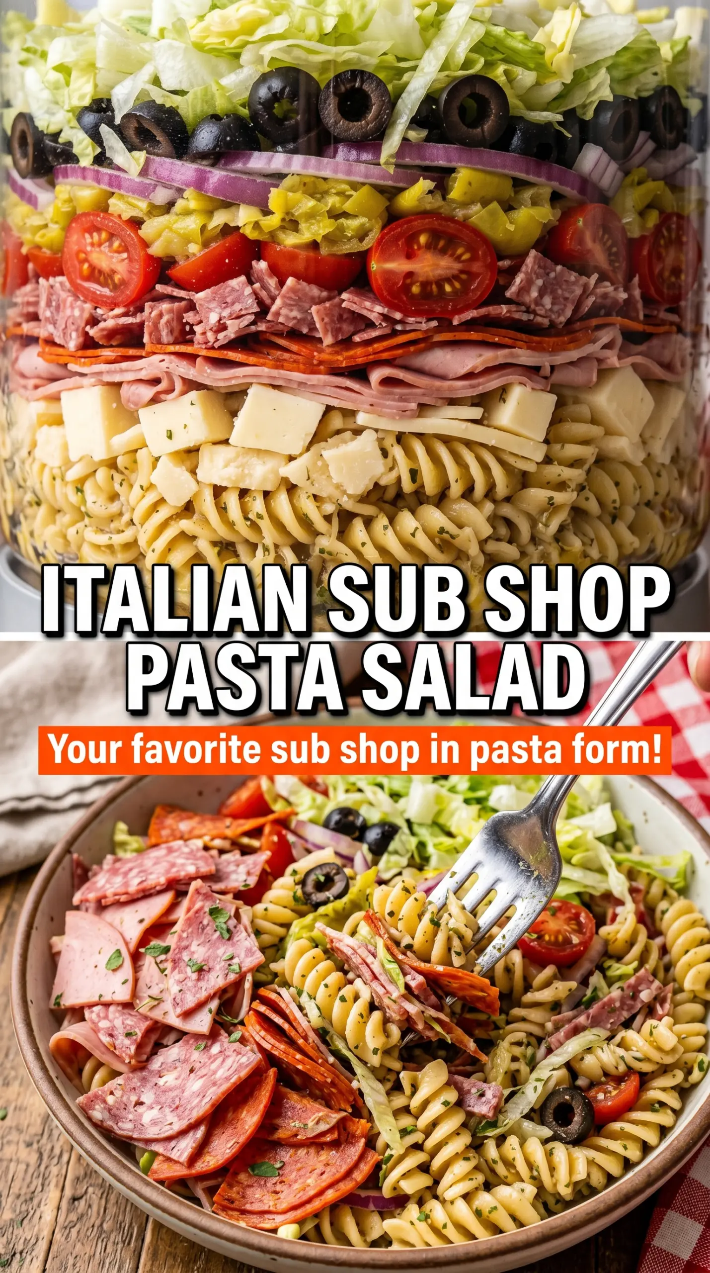 Grinder Pasta Salad with deli meats, banana peppers, and provolone