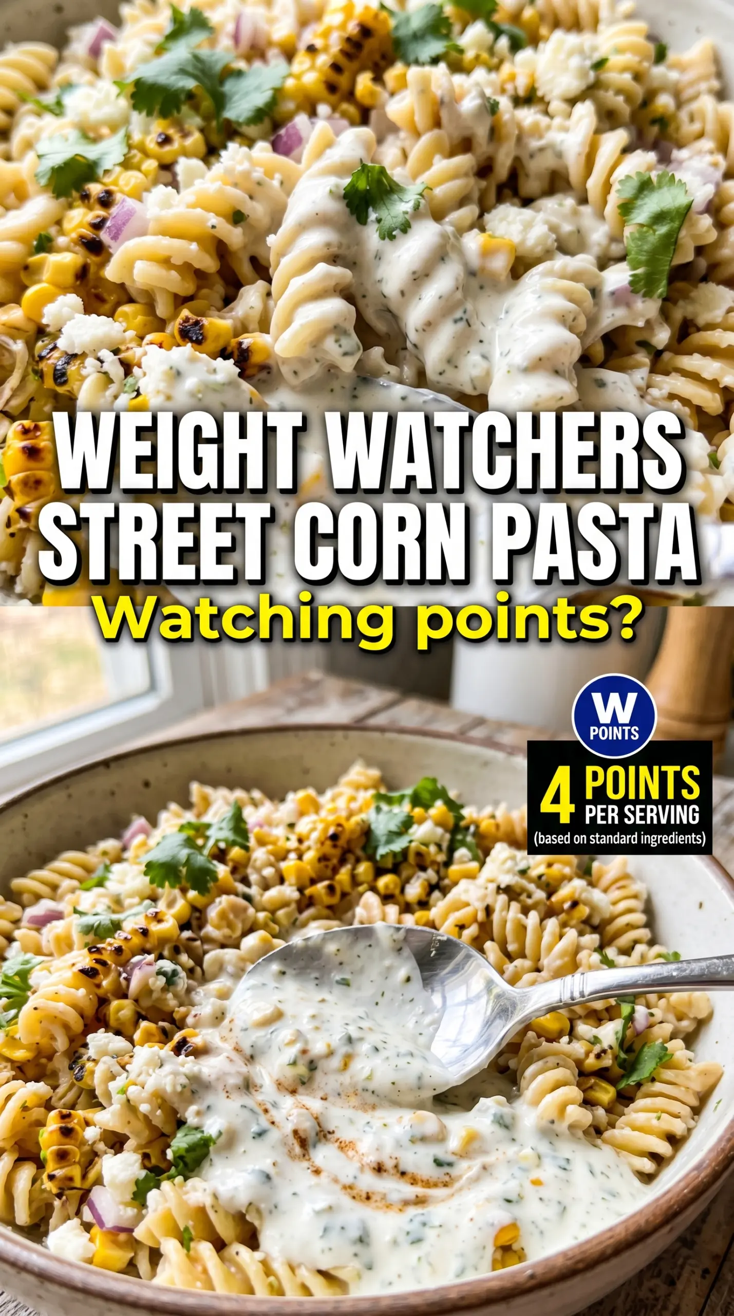 Healthy Street Corn Pasta Salad with charred corn, creamy lime, and cotija