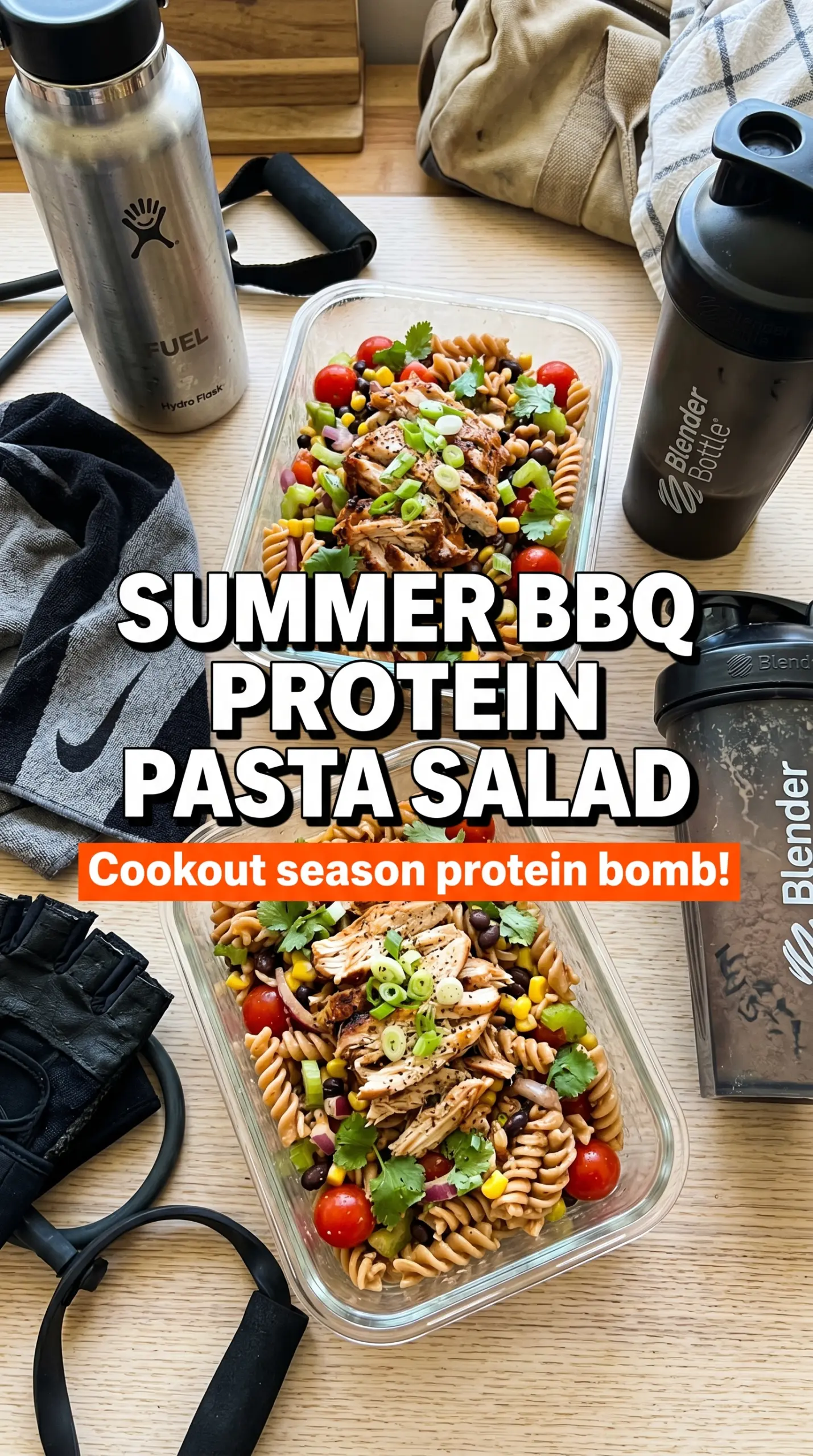 High Protein BBQ Chicken Pasta Salad with BBQ chicken, corn, and ranch