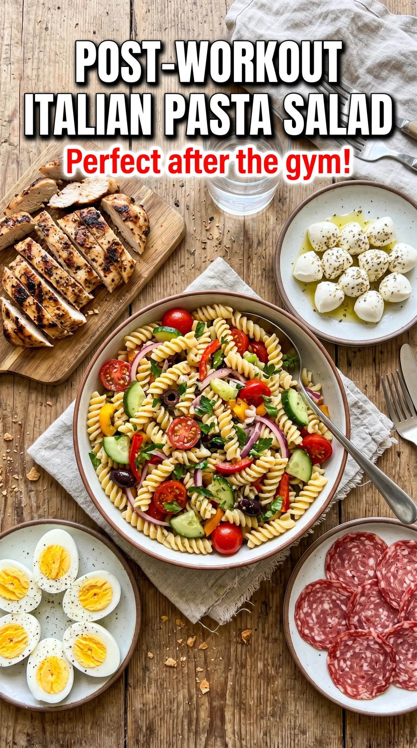 High-Protein Italian Pasta Salad with chicken chickpeas mozzarella