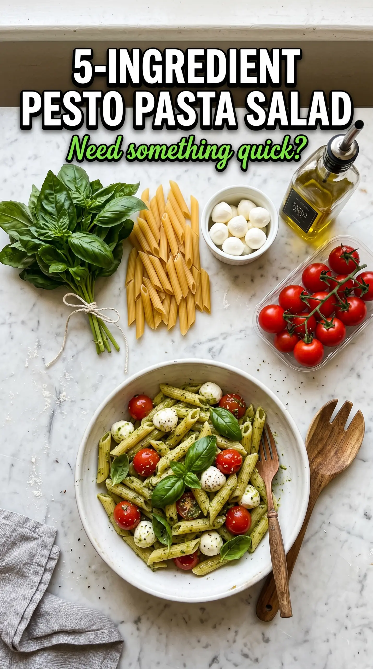 Pesto Pasta Salad with basil, tomatoes, mozzarella