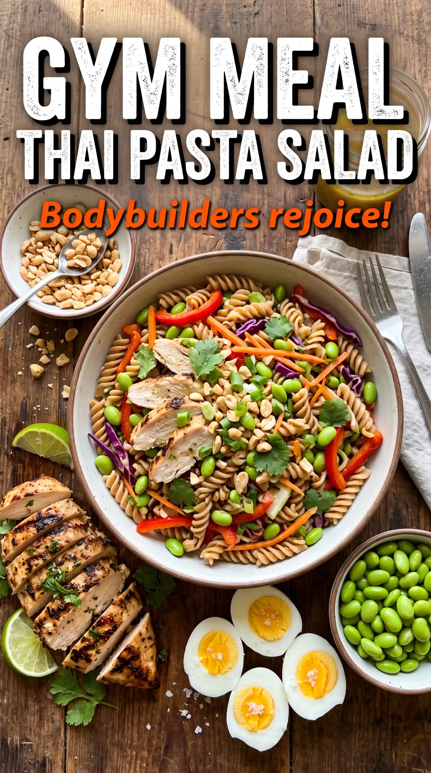 Protein Packed Thai Pasta Salad creamy peanut-ginger, colorful vegetables, crunchy peanuts