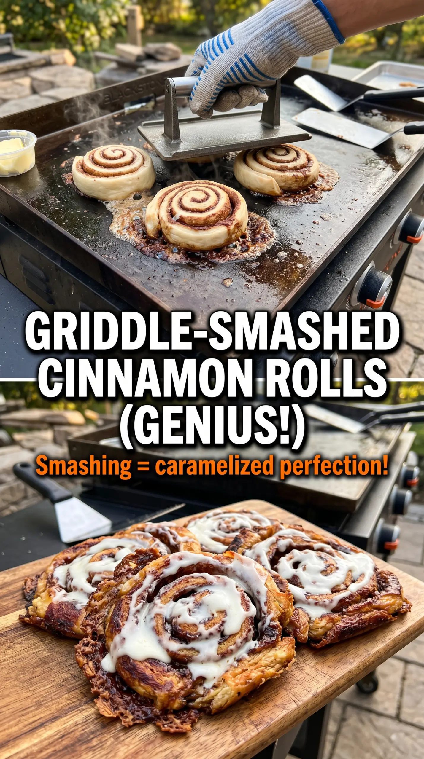 Smashed Blackstone Cinnamon Rolls caramelized icing-dripped griddle