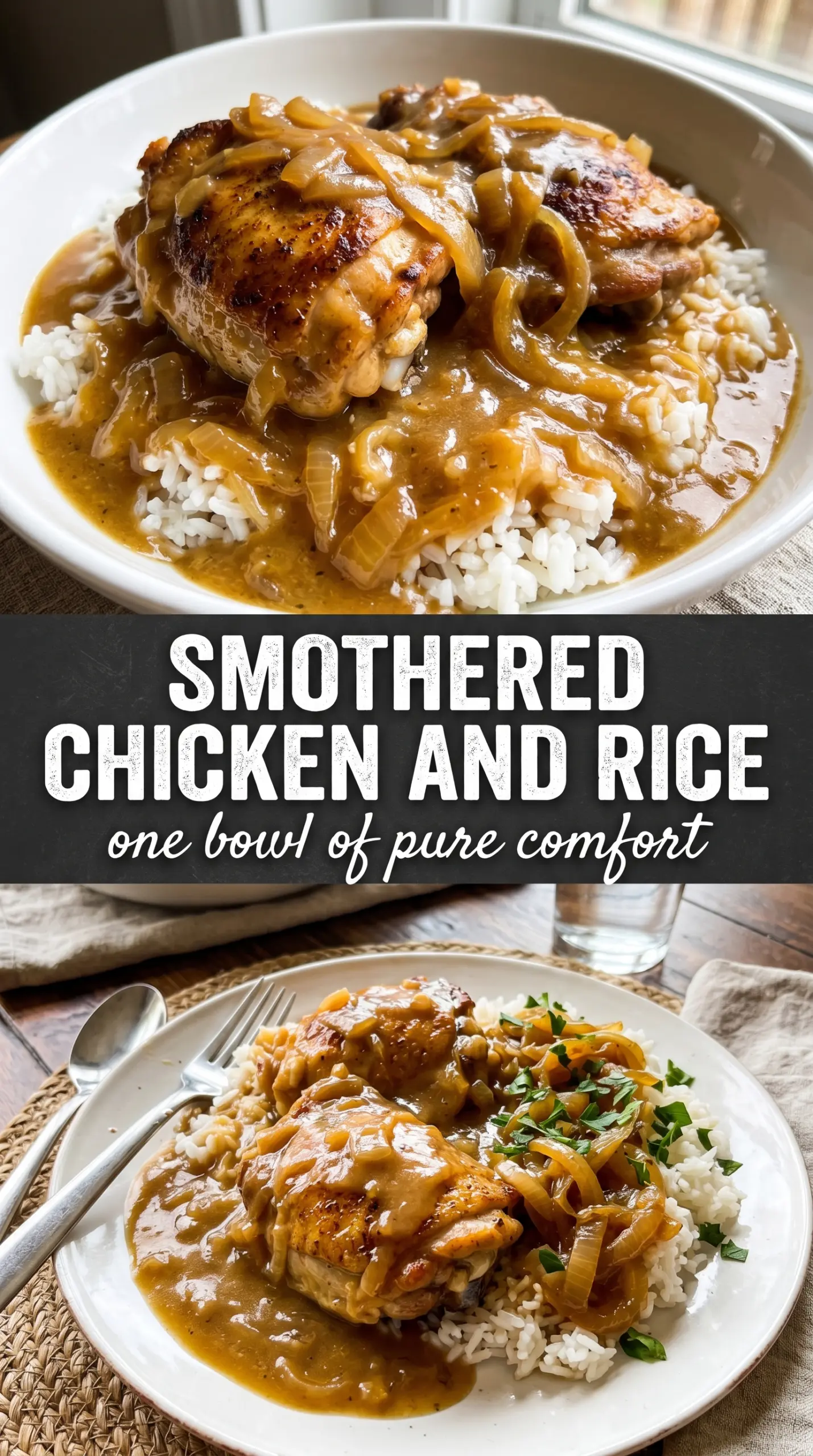 Smothered chicken and rice creamy onion gravy