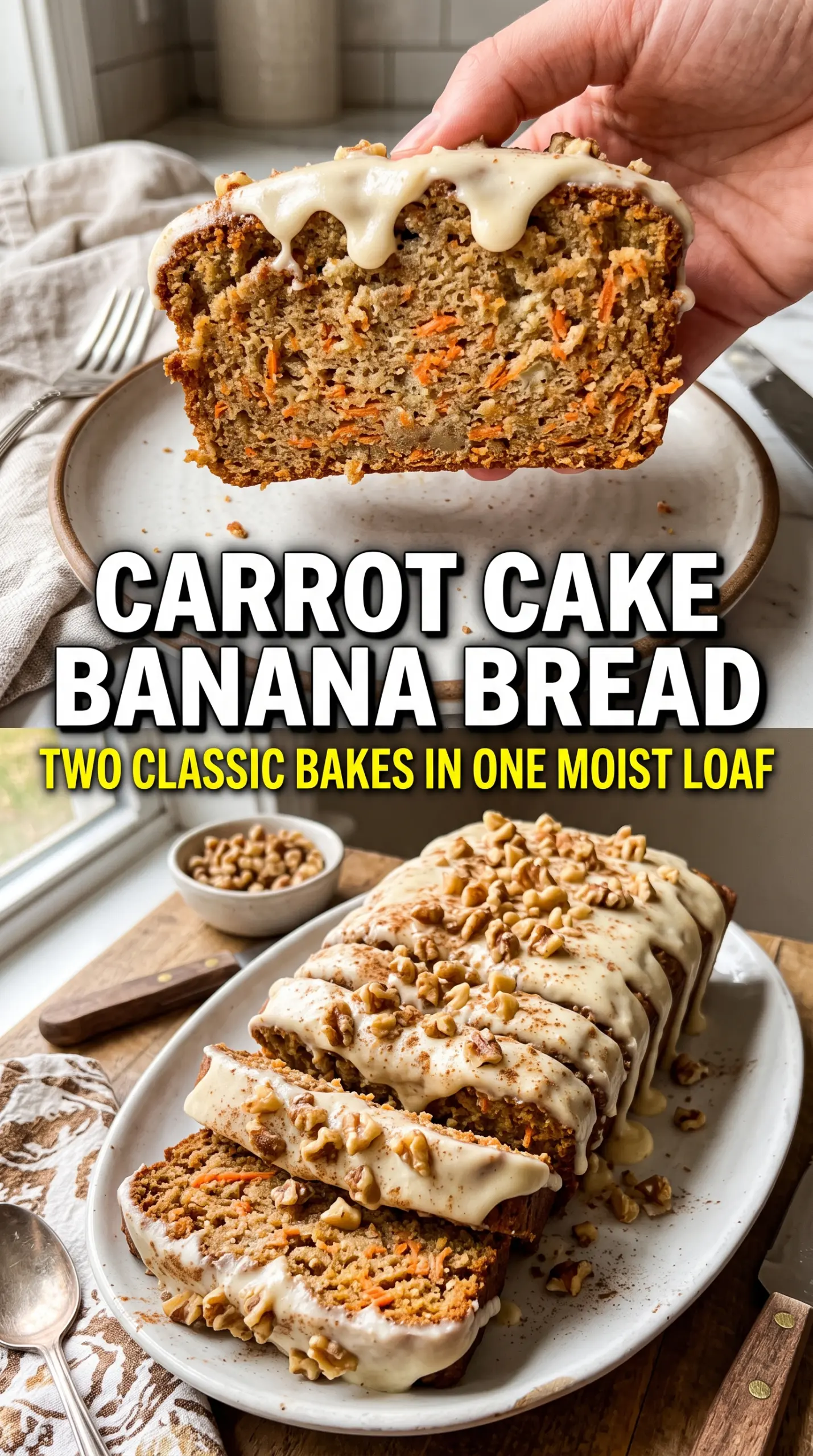 Carrot Cake Banana Bread with cream cheese frosting, spiced loaf, golden crumb