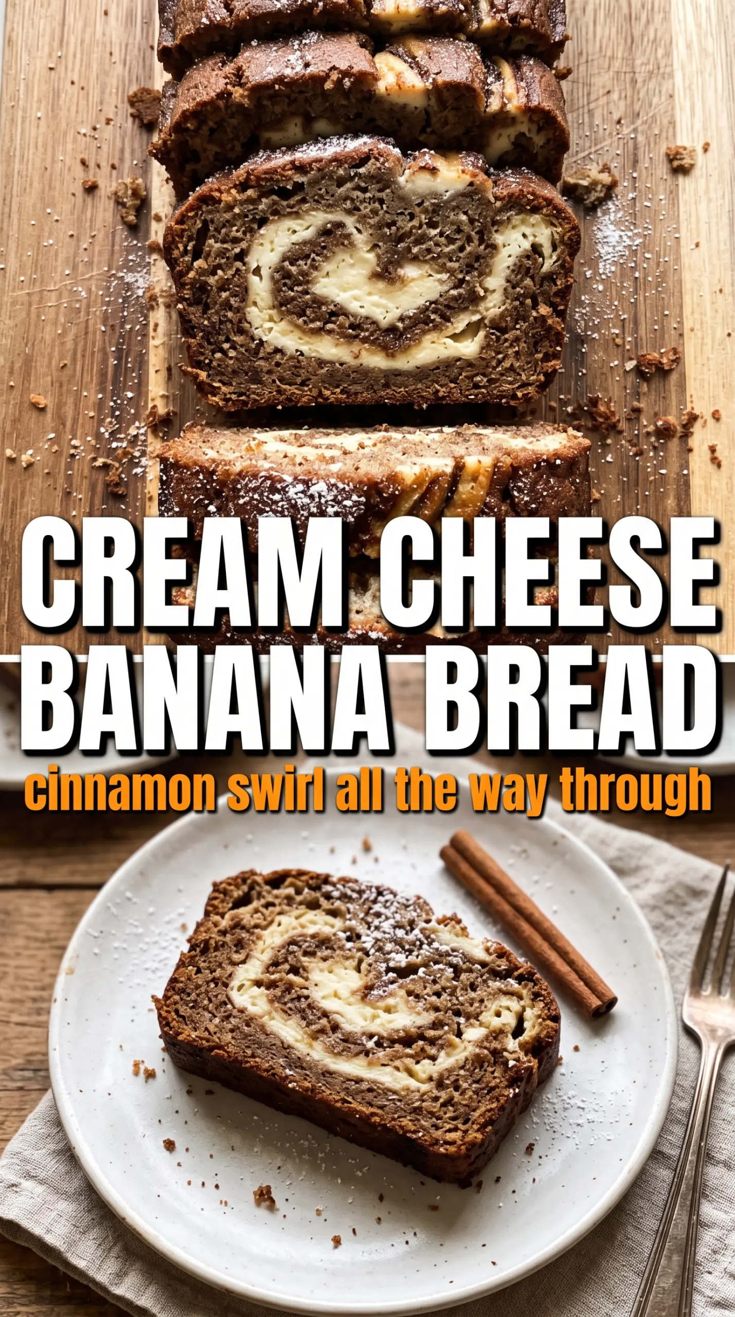 Cream Cheese Cinnamon Swirl Banana Bread golden layered loaf