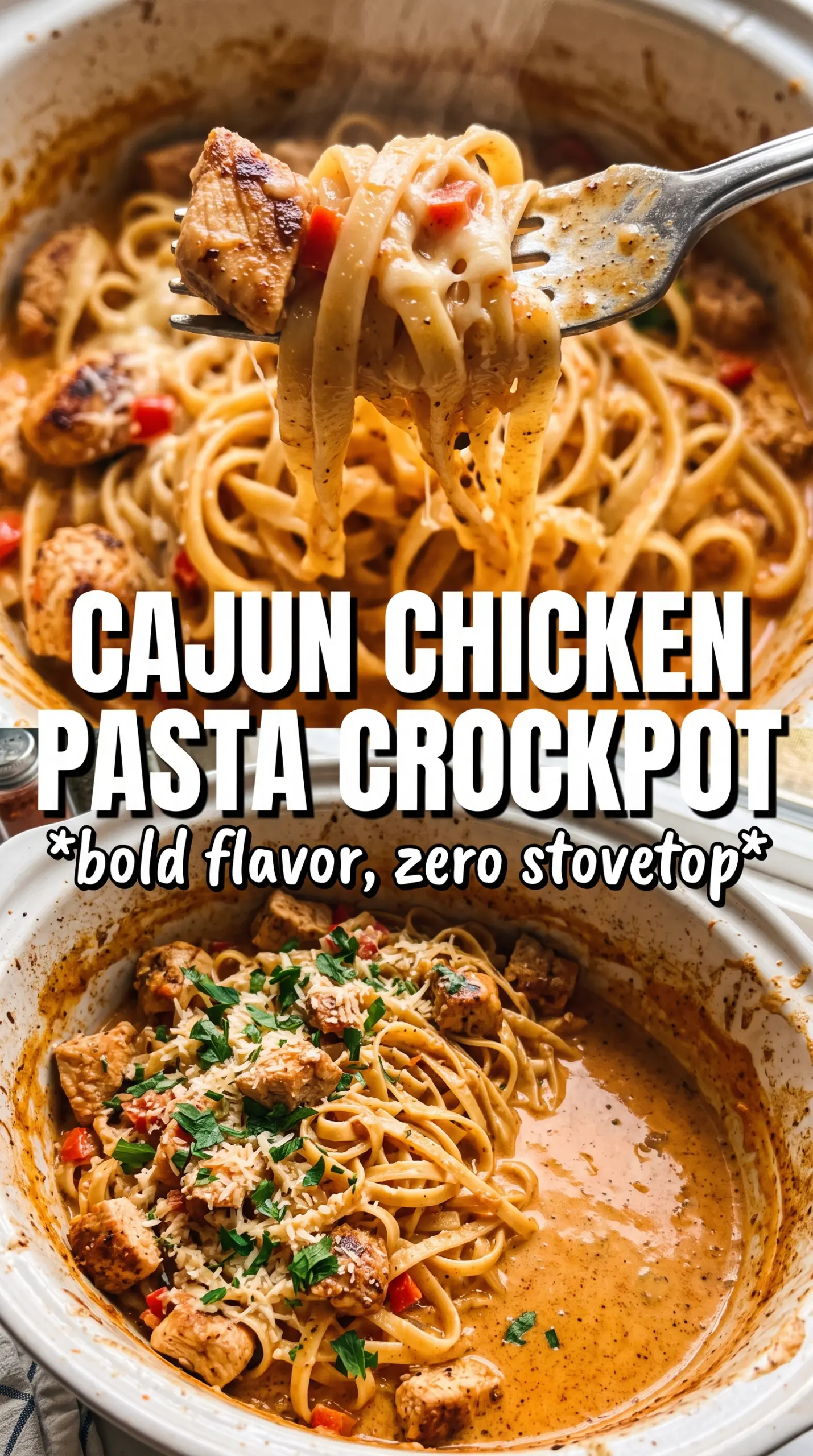 Crock Pot Creamy Cajun Chicken Pasta creamy pasta, sliced chicken, parsley garnish