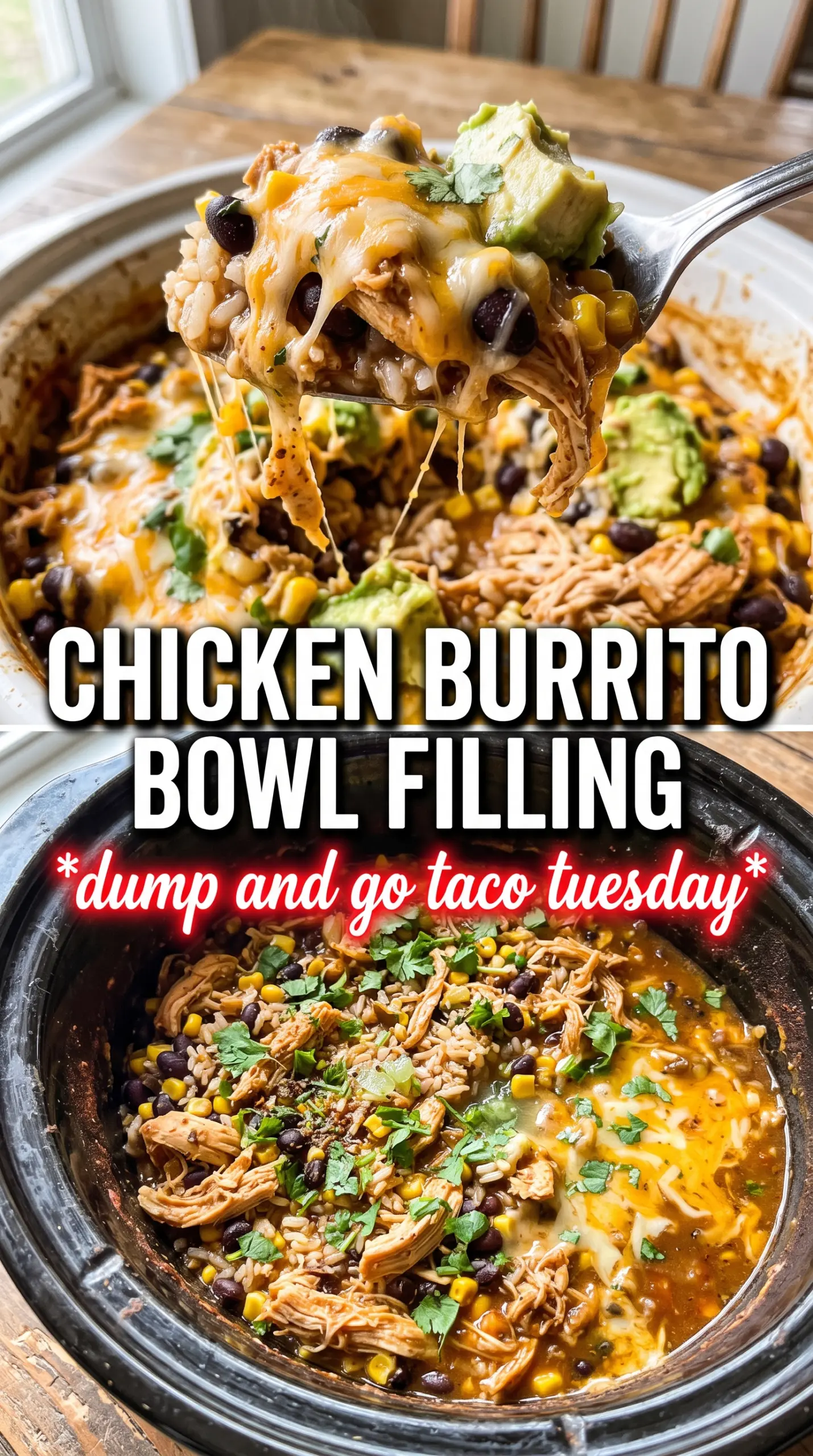 Crockpot Chicken Burrito Bowl loaded Tex-Mex