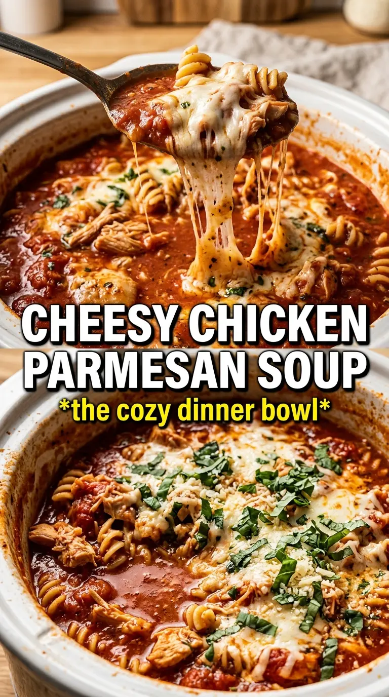Crockpot Chicken Parmesan Soup tomato-red cheesy breadcrumb